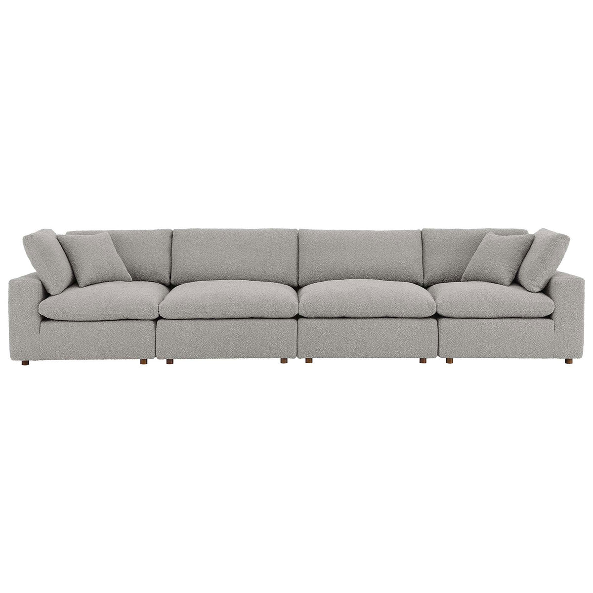 Front view of light gray boucle 4-seater sofa showcasing generous seat depth and supportive back cushions || EEI-6364-LGR || front_studio