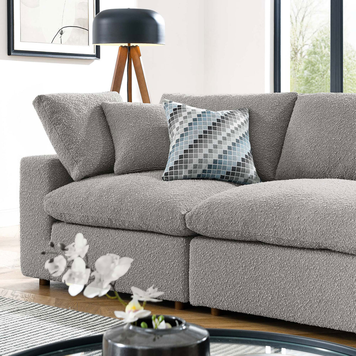 Close-up of light gray boucle sofa corner with accent pillow showing inviting texture and cozy seat cushions || EEI-6364-LGR || detail_room