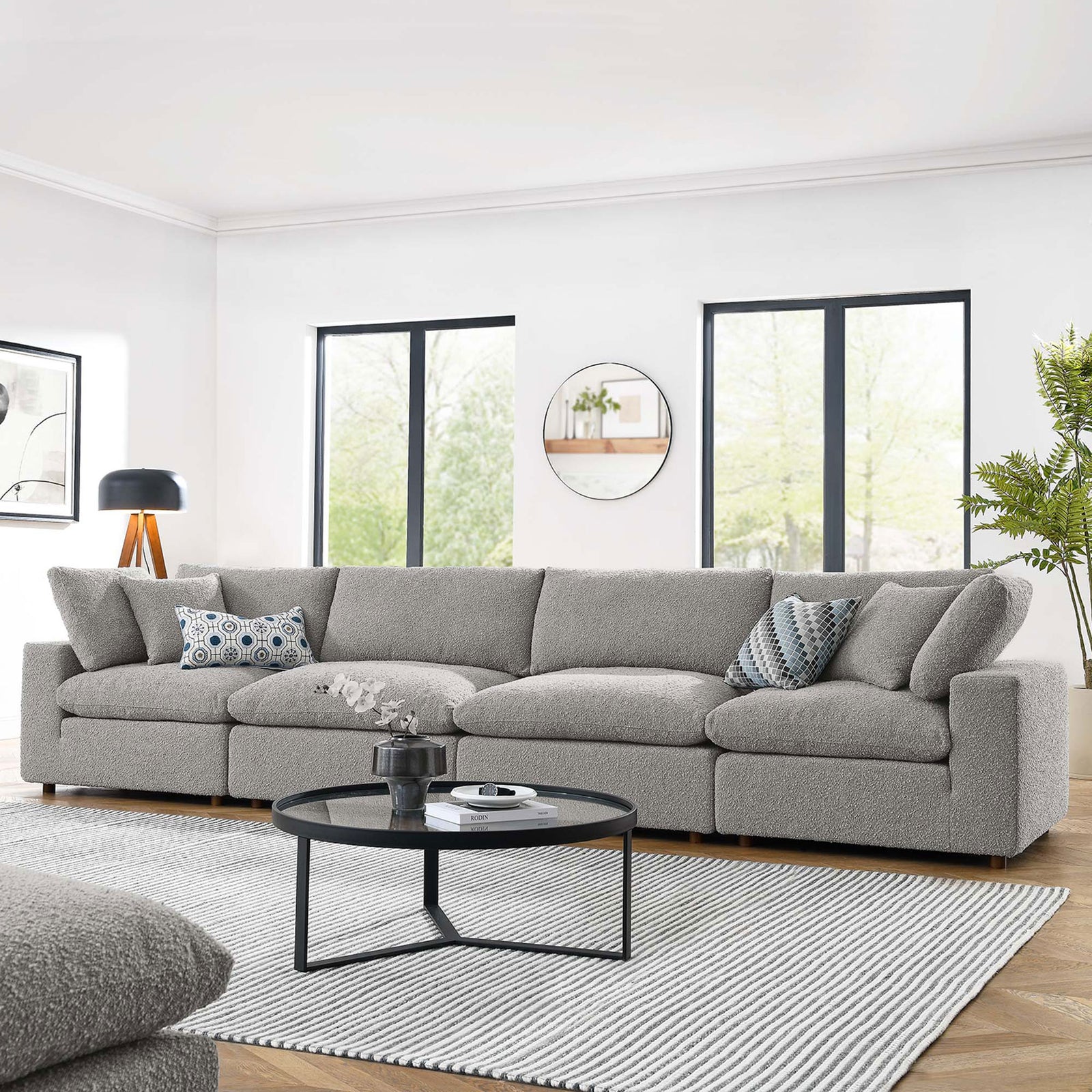 Light gray boucle 4-seat sofa styled in a bright living room, offering deep, lounge-ready seating for family and guests || EEI-6364-LGR || front_angle_room