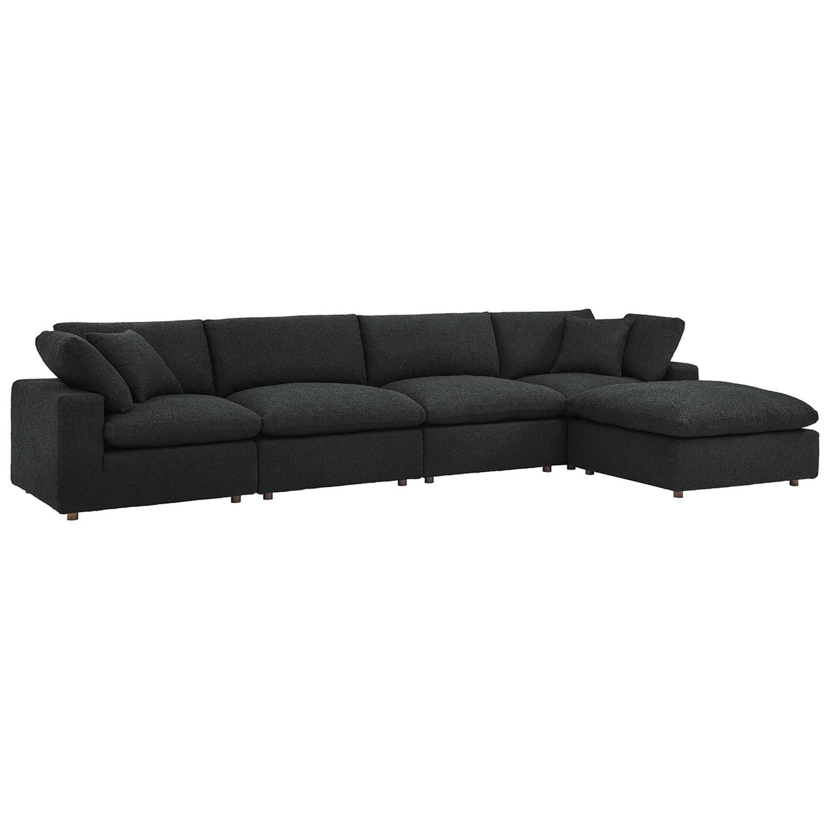 Spacious black boucle sectional sofa with right chaise and overstuffed down cushions for relaxed lounging || EEI-6365-BLK || front_angle_studio