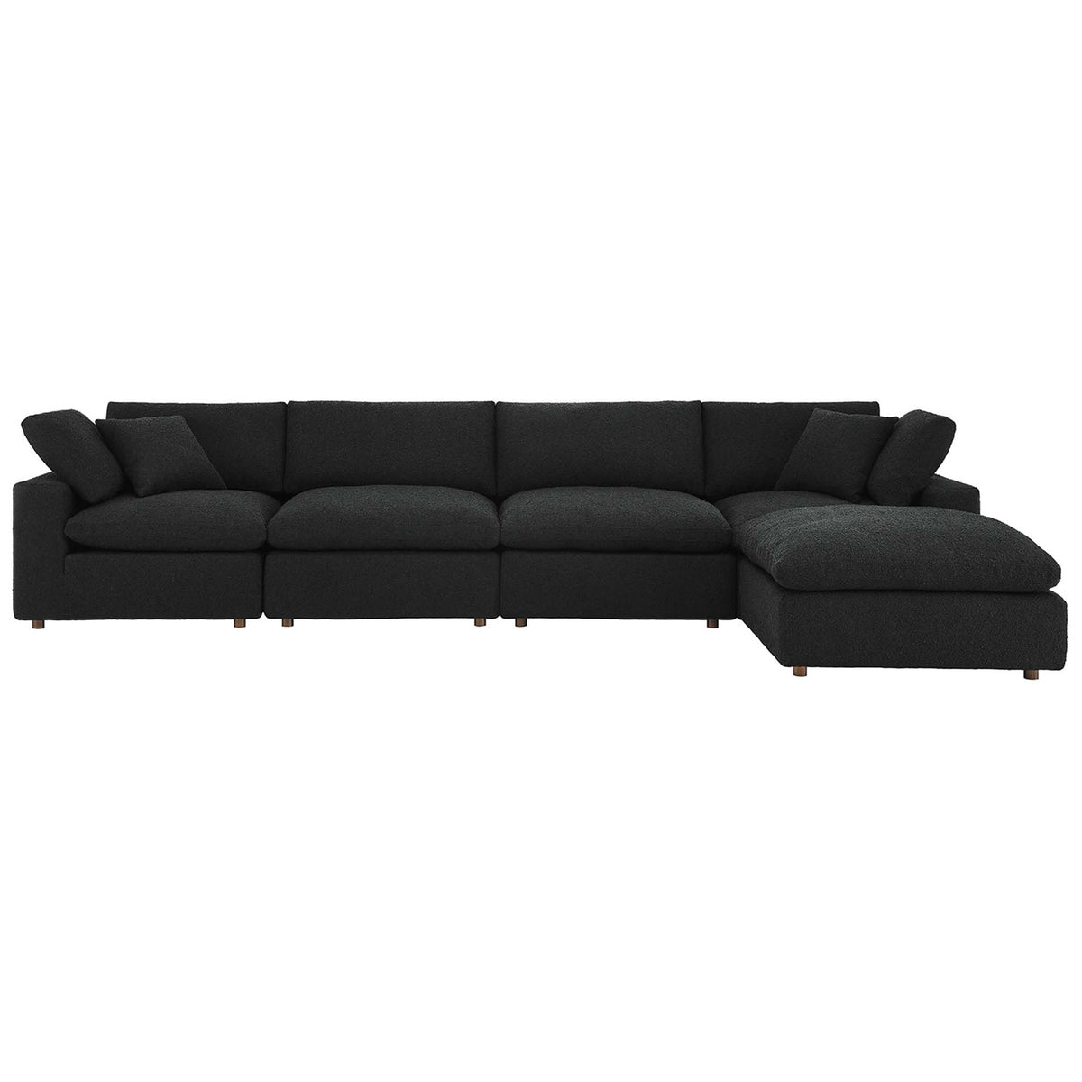 Low-profile black boucle sectional with deep seats, plush back pillows, and modern clean-lined silhouette || EEI-6365-BLK || front_studio