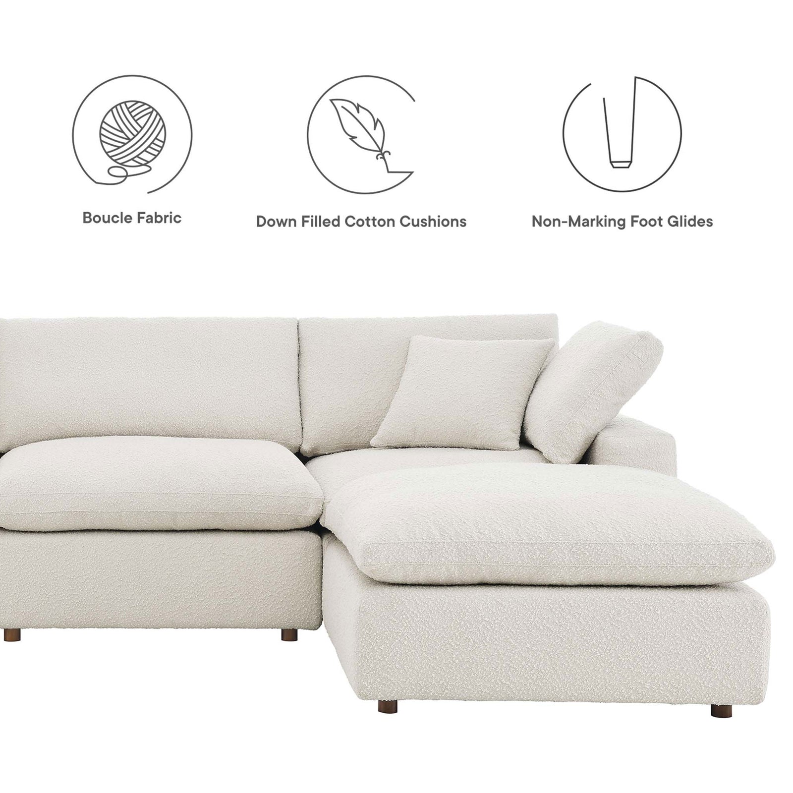Ivory chaise sectional detail highlighting boucle fabric, down cushions, and non-marking foot glides || EEI-6365-IVO || callout_studio