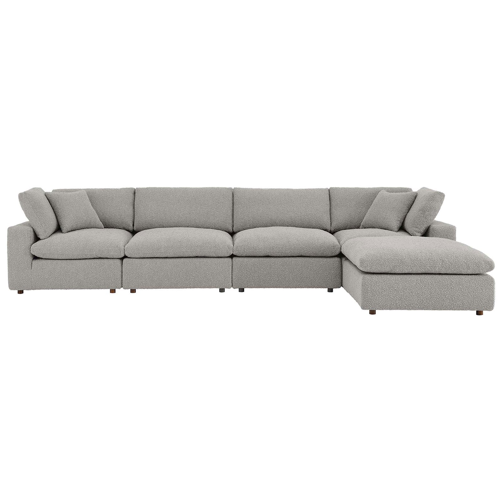 Spacious light gray boucle sectional sofa with deep seats and supportive overstuffed back cushions. || EEI-6365-LGR || front_studio