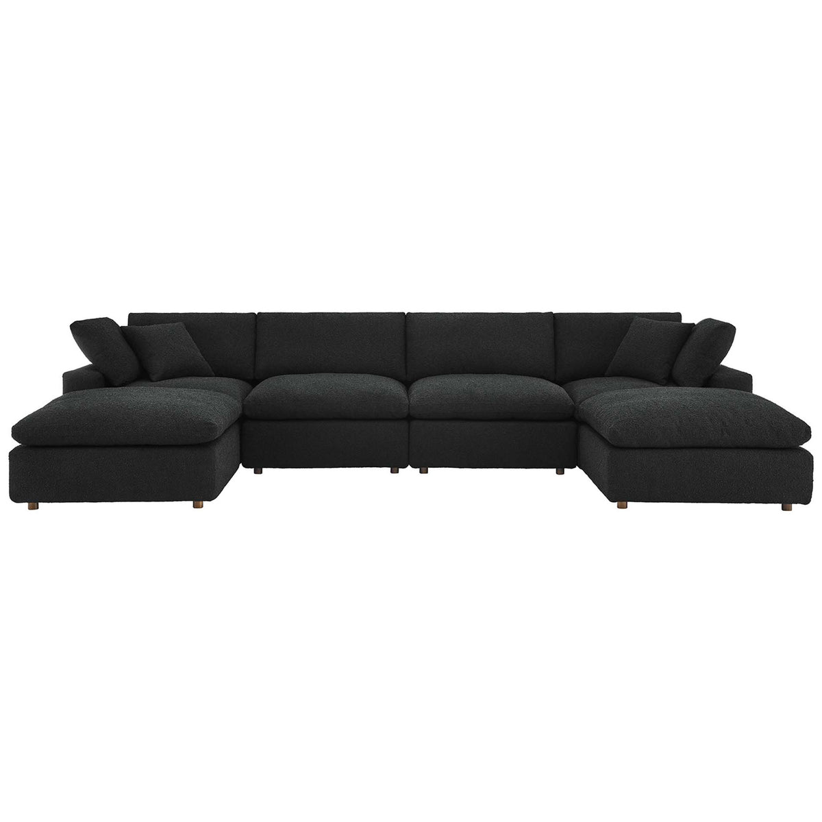 Black boucle Commix sectional offers deep lounge-ready seating and plush overstuffed cushions || EEI-6366-BLK || front_studio