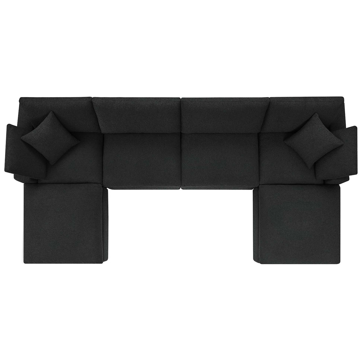 Spacious black Commix sectional in boucle fabric with generous seat cushions and chaise-style ends || EEI-6366-BLK || top_studio
