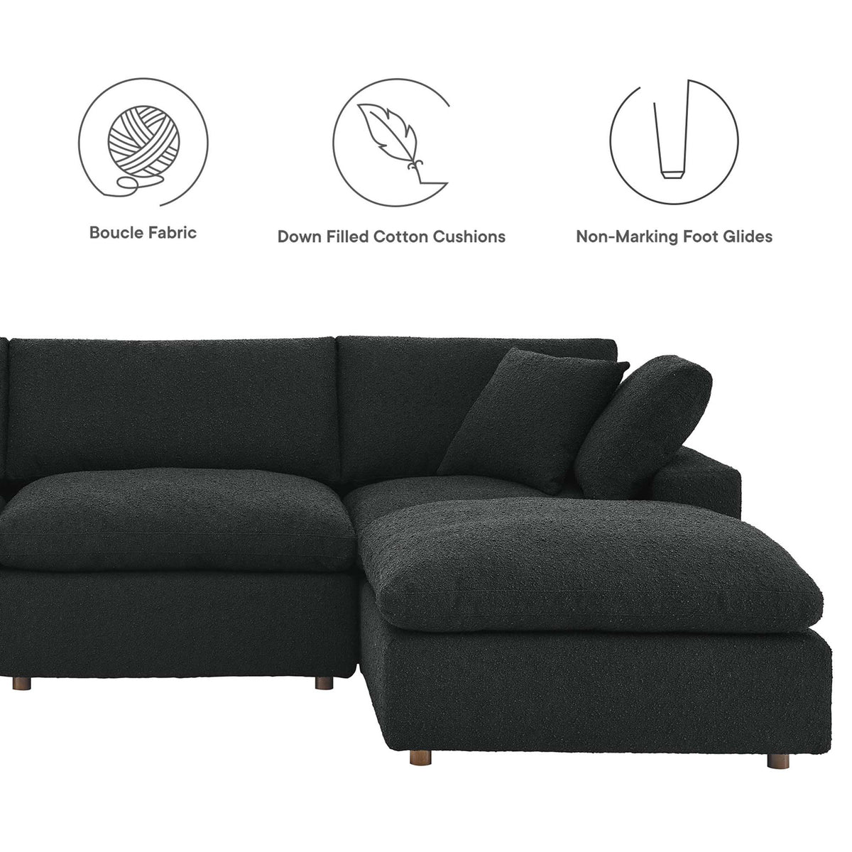 Black boucle Commix sectional highlighting down-filled cushions, soft texture, and non-marking foot glides || EEI-6366-BLK || callout_studio