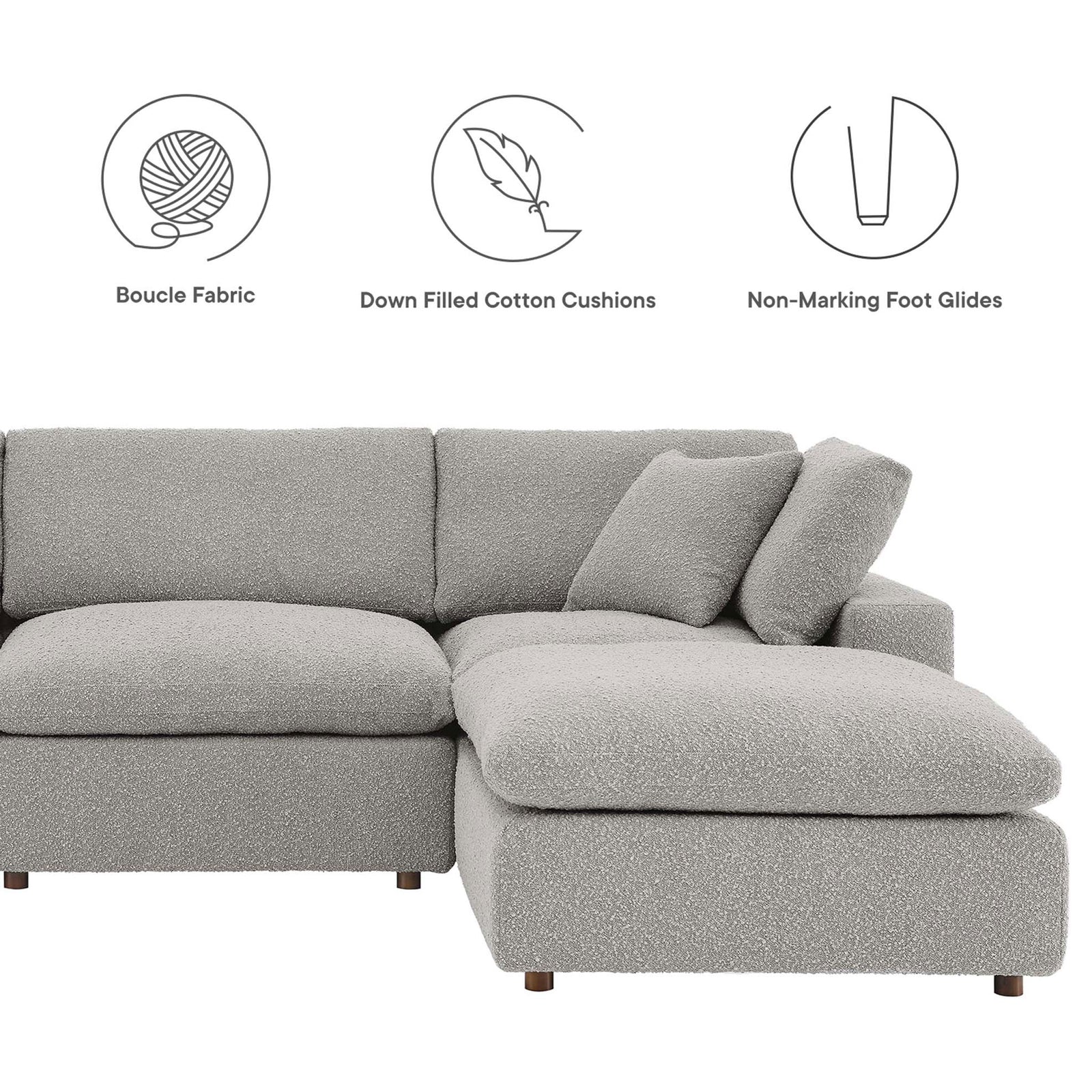 Commix boucle sectional details featuring down-filled cotton cushions and non-marking foot glides || EEI-6366-LGR || callout_studio