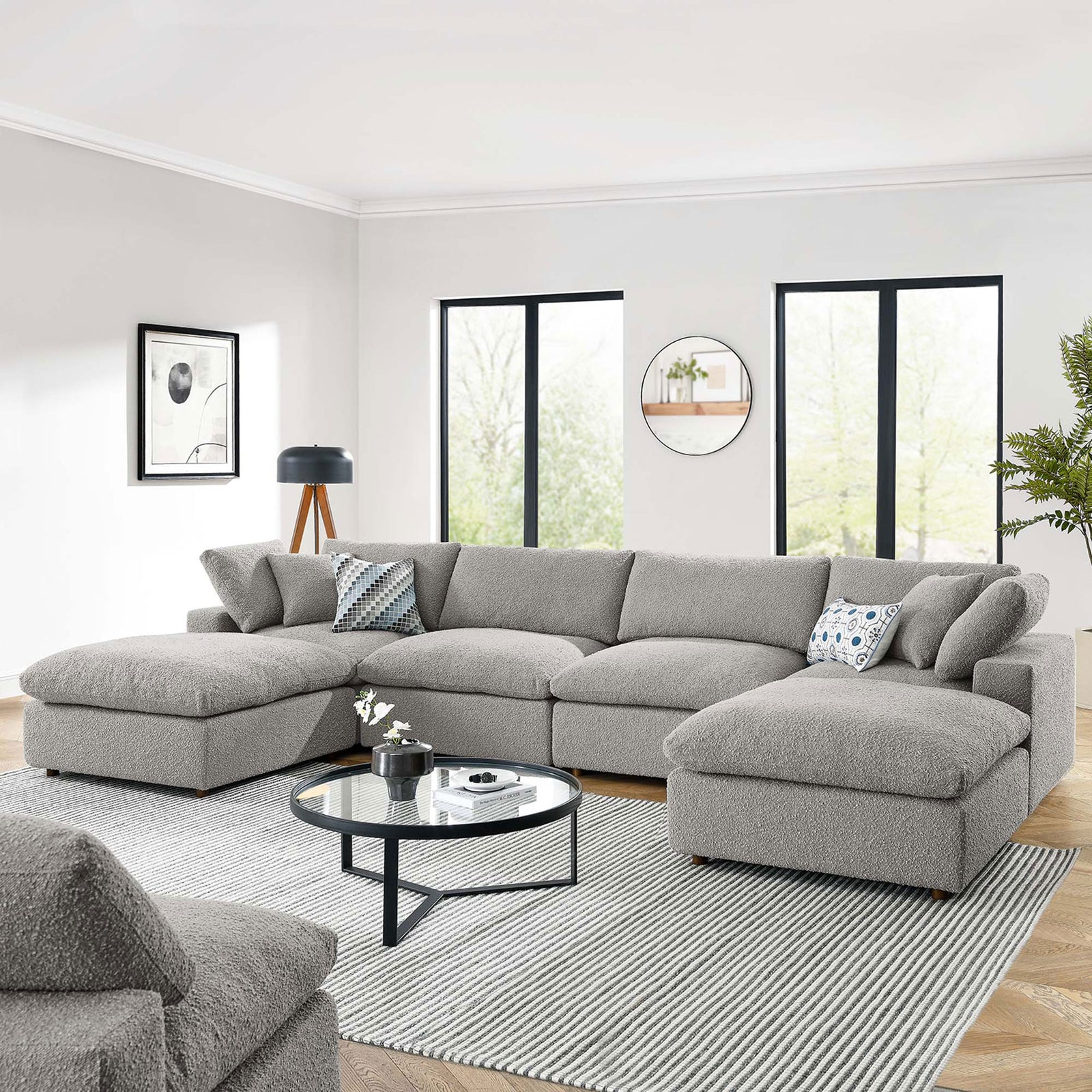Light gray Commix 6-piece sectional anchors a modern living room with soft boucle texture and deep seating || EEI-6366-LGR || front_angle_room
