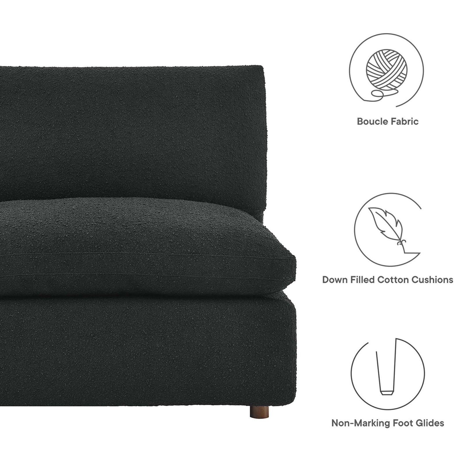 Black boucle seat cushion with nubby texture, plush down fill, and low-profile wood feet || EEI-6367-BLK || callout_studio
