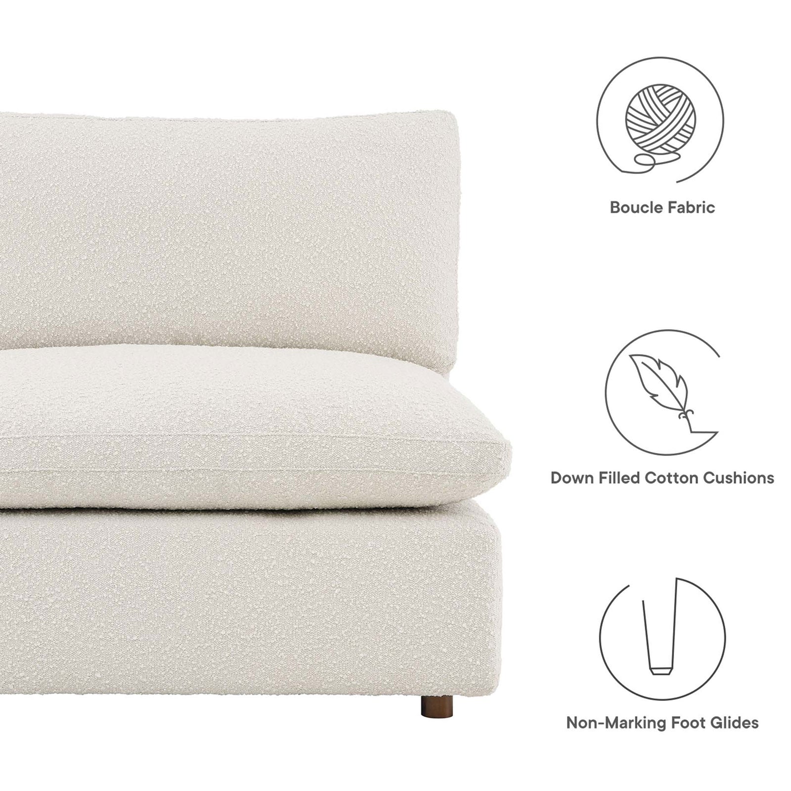 Close-up of the ivory boucle upholstery highlighting its soft texture and cushioned support || EEI-6367-IVO || callout_studio