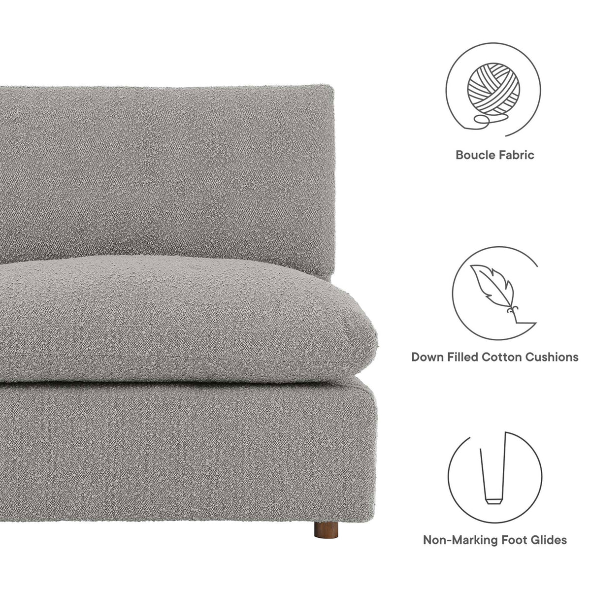Light gray boucle cushions with icons highlighting down fill, boucle texture, and non-marking feet || EEI-6367-LGR || callout_studio