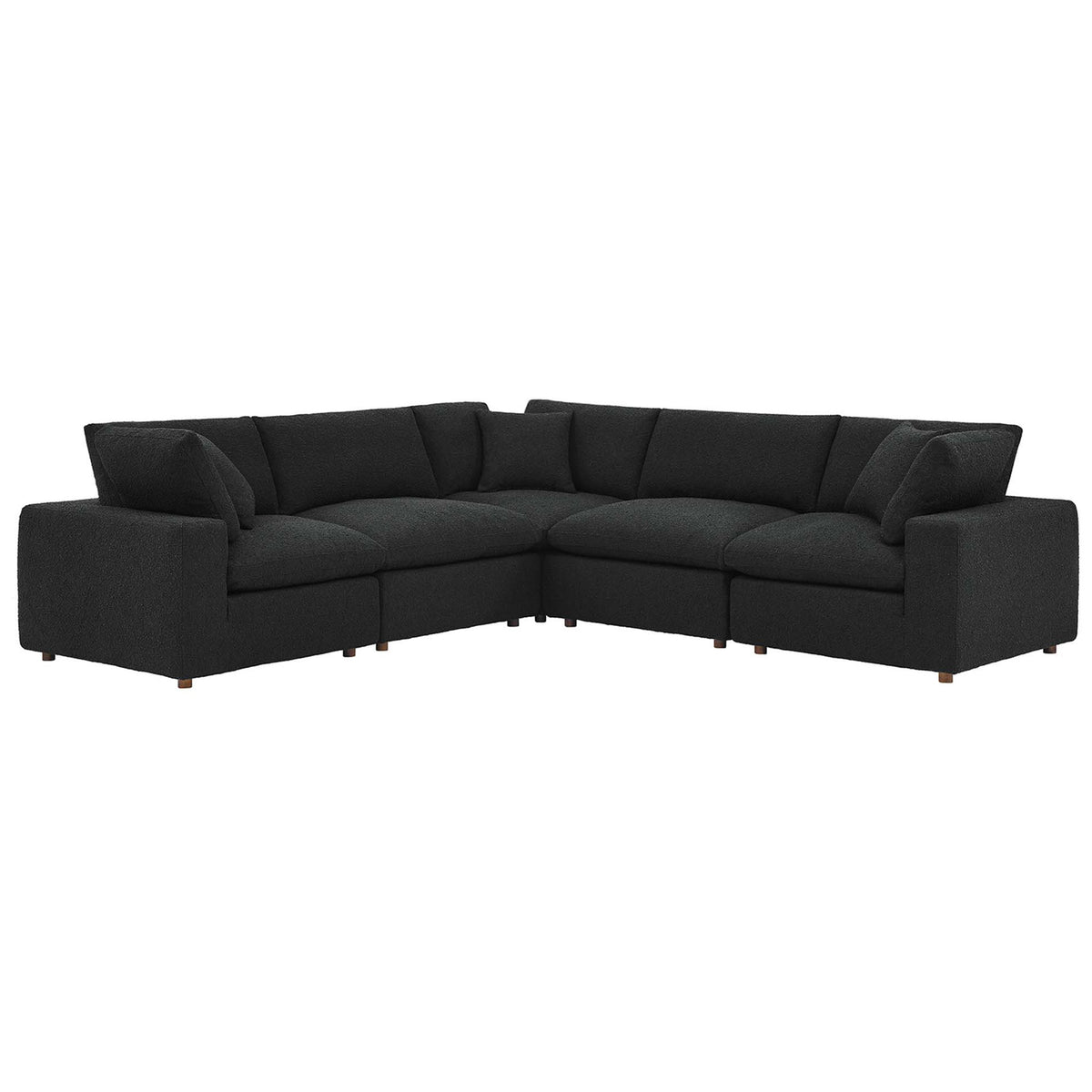 Black boucle 5-piece sectional sofa with deep overstuffed cushions and low-profile modern silhouette || EEI-6368-BLK || front_angle_studio