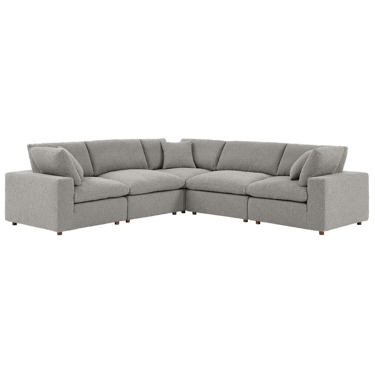 Light gray boucle sectional with deep seats and overstuffed down cushions for relaxed lounging || EEI-6368-LGR || front_angle_studio