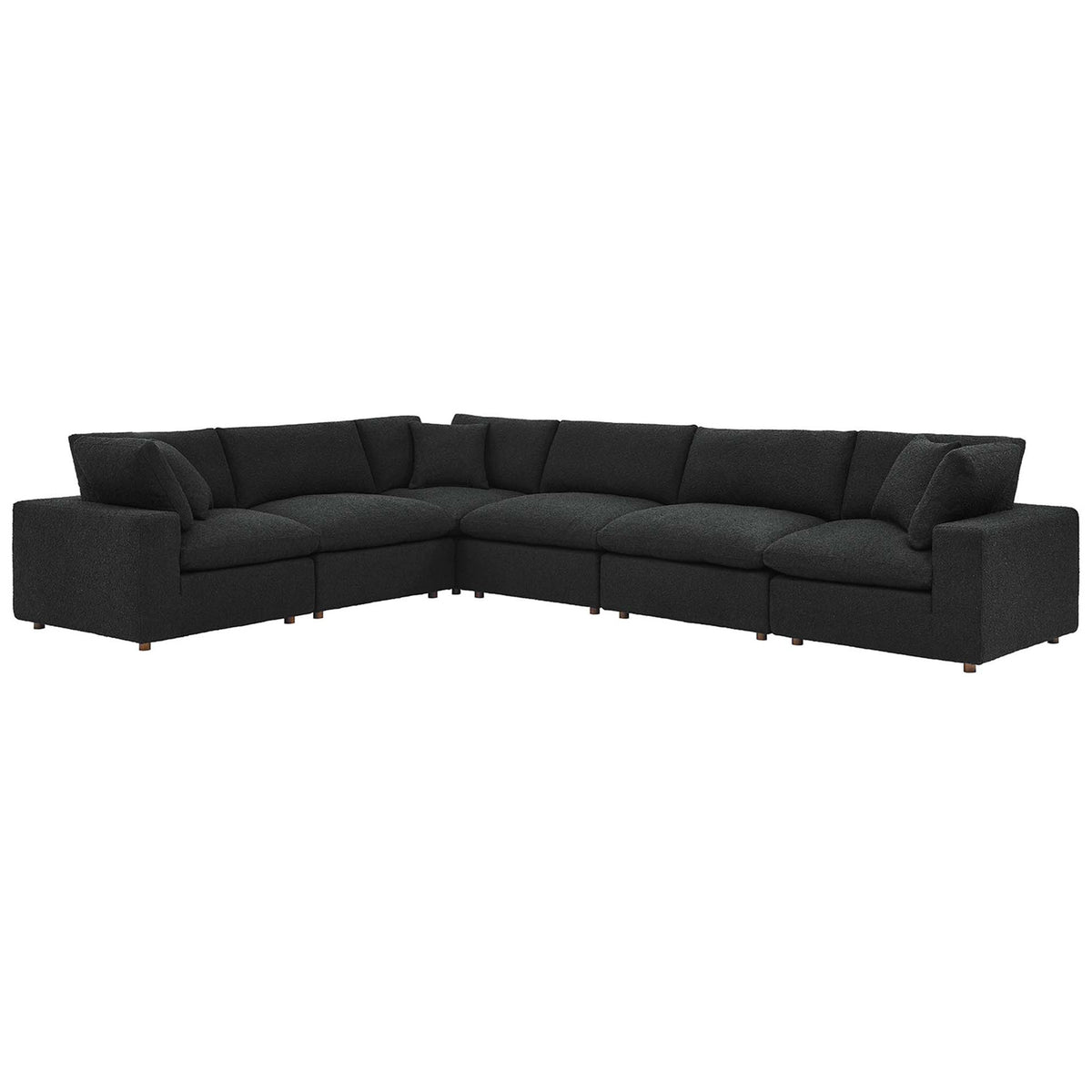 Spacious black boucle 6 piece sectional sofa with deep overstuffed cushions and a low modern silhouette || EEI-6369-BLK || front_angle_studio