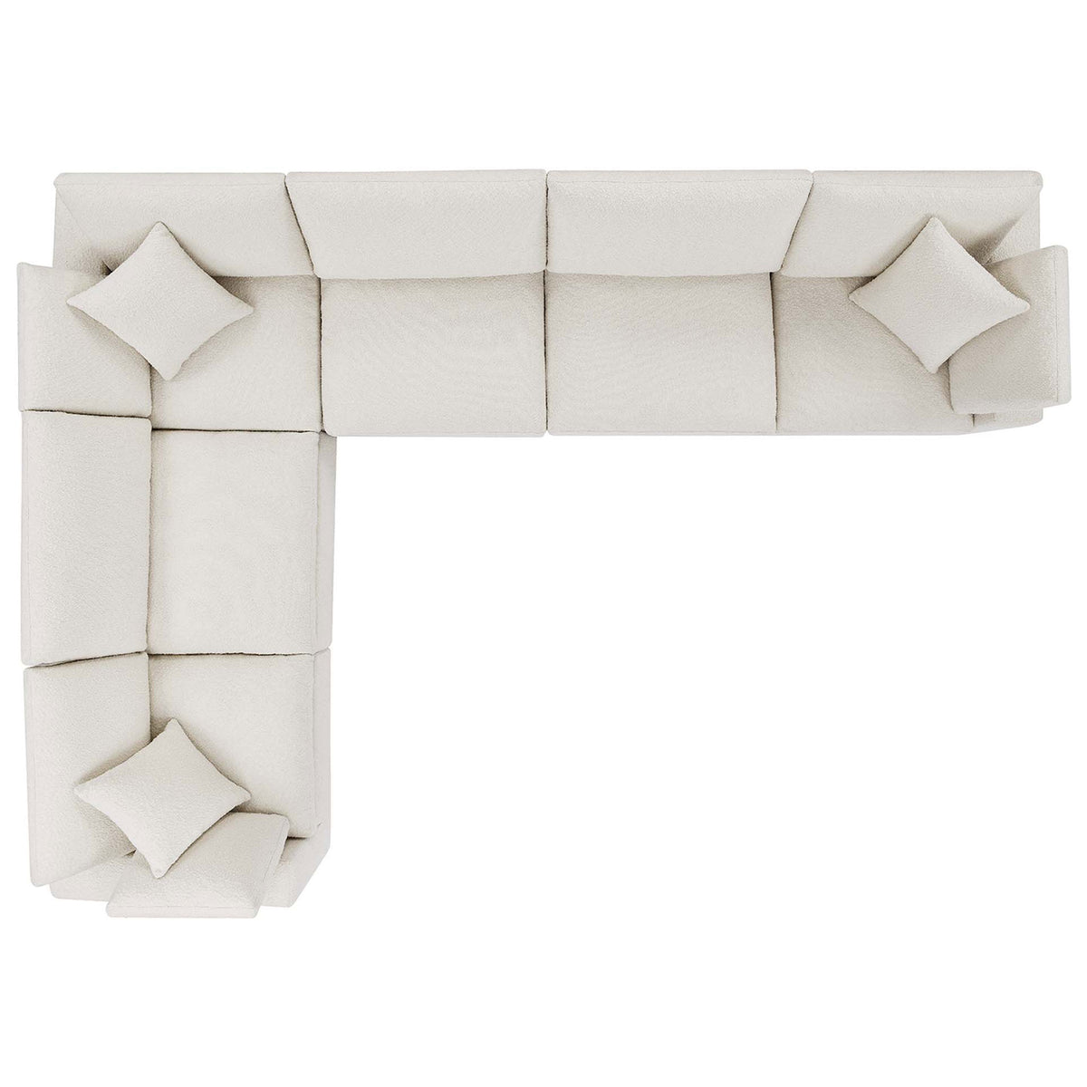 L-shaped ivory boucle modular sectional with generous seating and four plush coordinating throw pillows || EEI-6369-IVO || top_studio