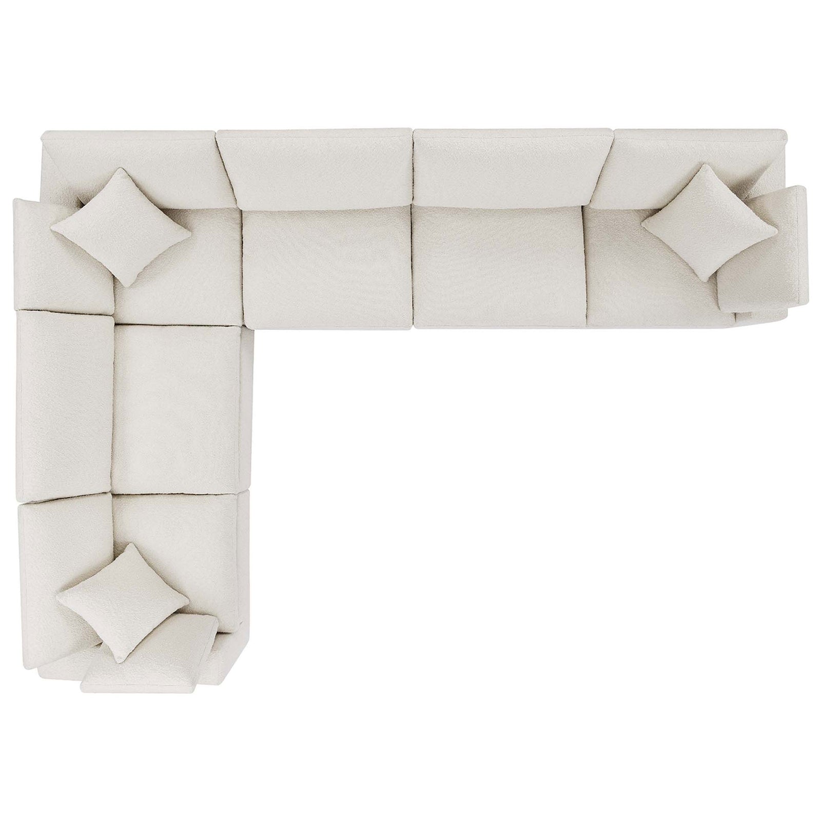 L-shaped ivory boucle modular sectional with generous seating and four plush coordinating throw pillows || EEI-6369-IVO || top_studio