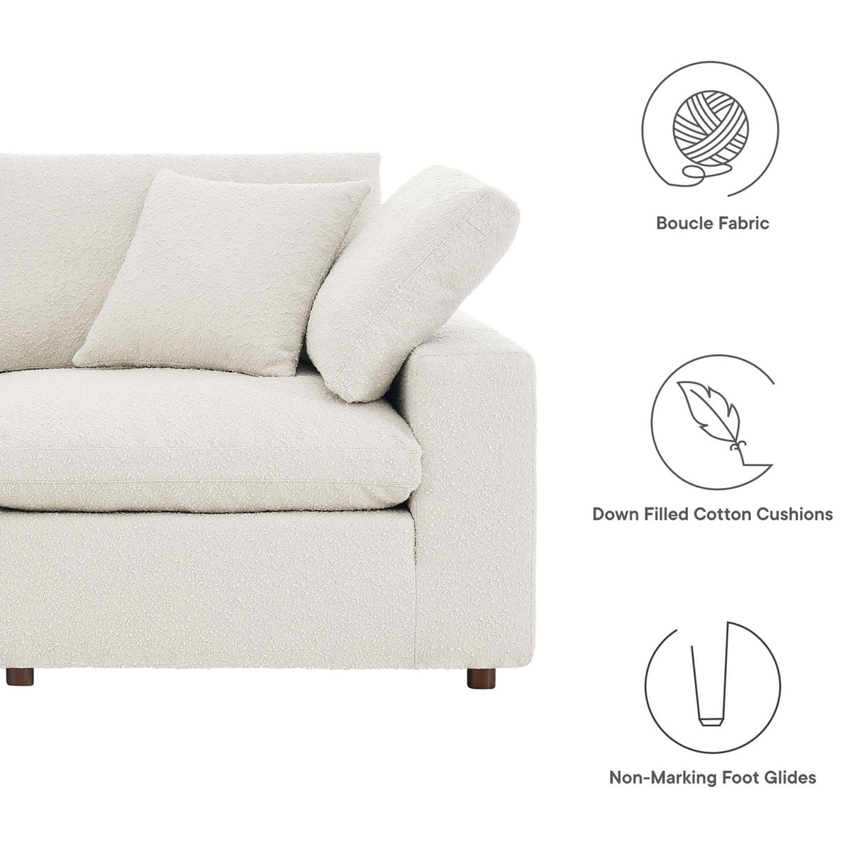 Ivory boucle arm and cushions with icons highlighting softness and non-marking foot glides || EEI-6369-IVO || callout_studio
