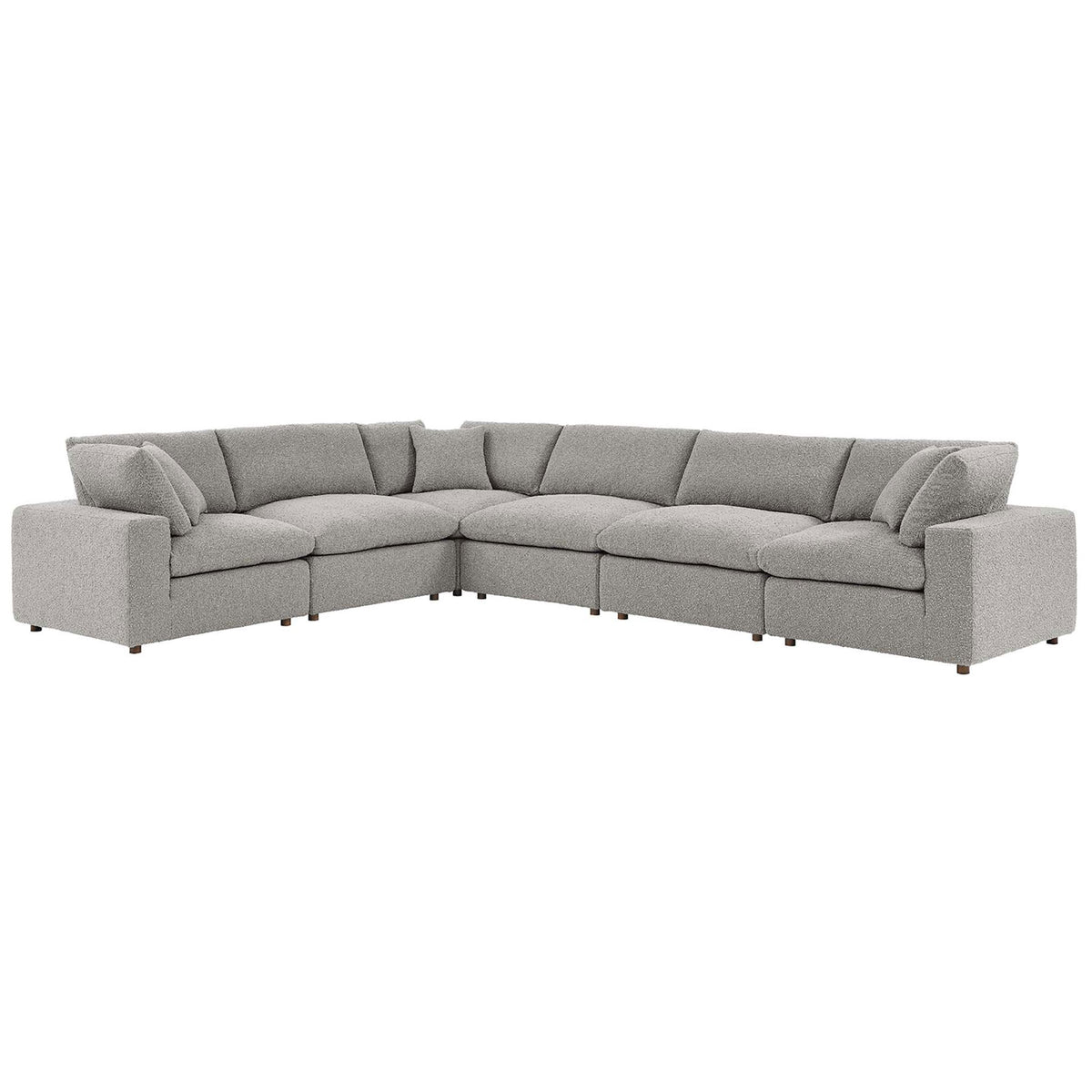 Spacious light gray boucle sectional with deep, overstuffed cushions for relaxed family lounging || EEI-6369-LGR || front_angle_studio