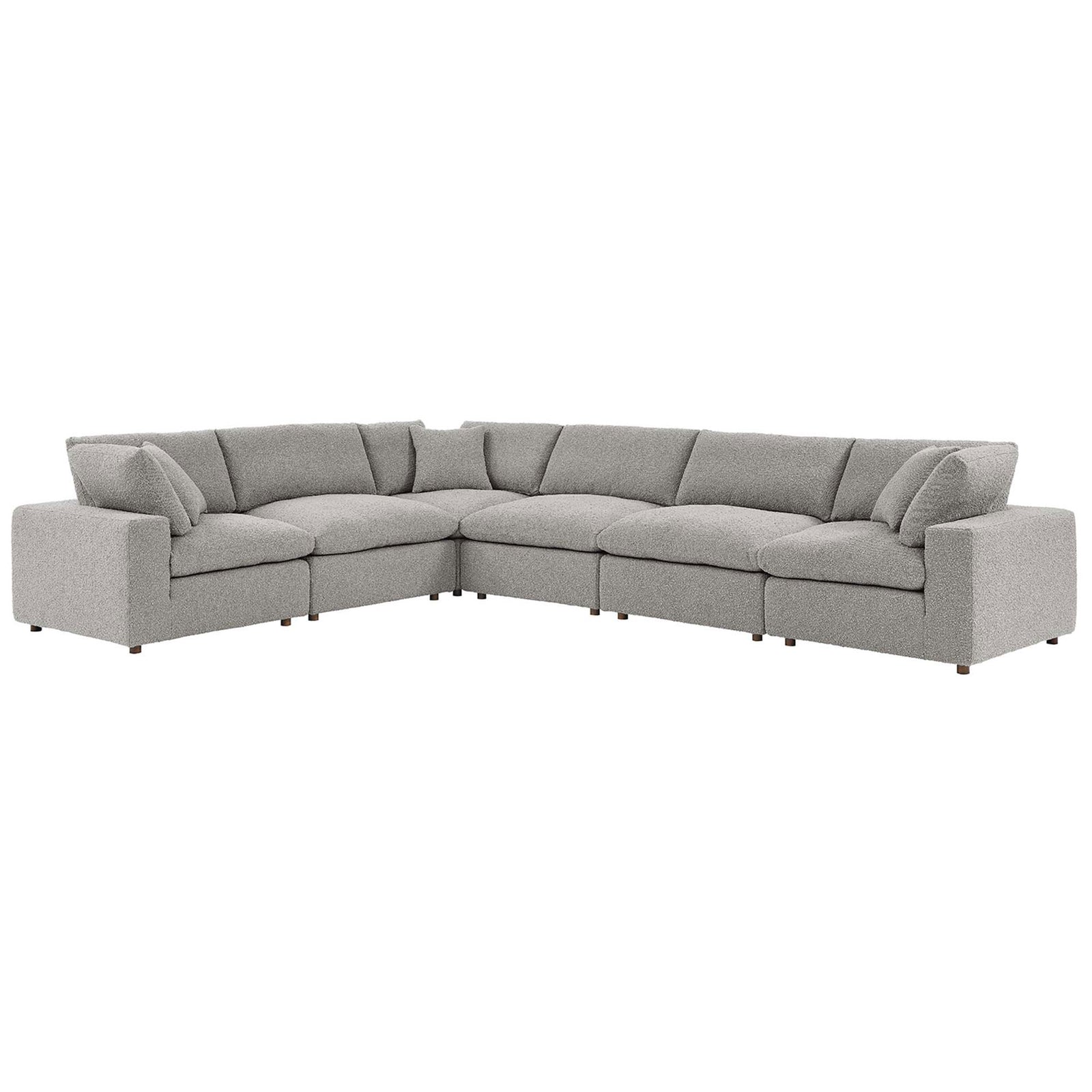 Spacious light gray boucle sectional with deep, overstuffed cushions for relaxed family lounging || EEI-6369-LGR || front_angle_studio