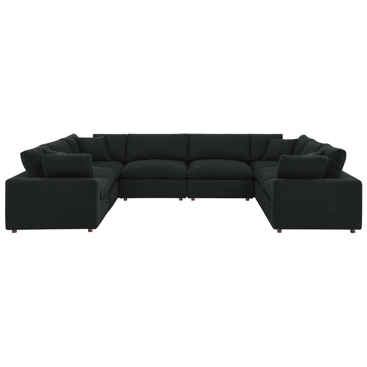 Expansive black boucle sectional sofa with generous sink in cushions and low profile silhouette || EEI-6371-BLK || front_studio