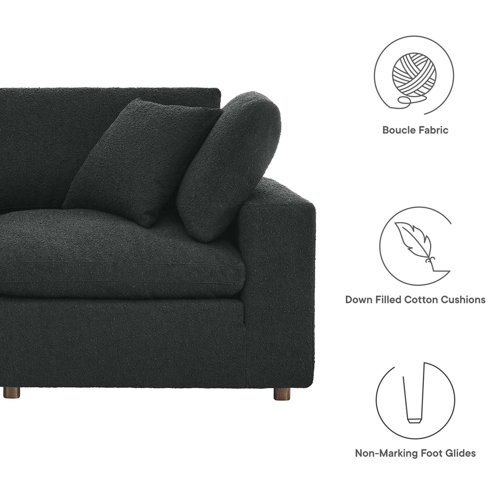 Black boucle sectional corner with soft back cushion highlighting down fill and non marking foot glides || EEI-6371-BLK || callout_studio