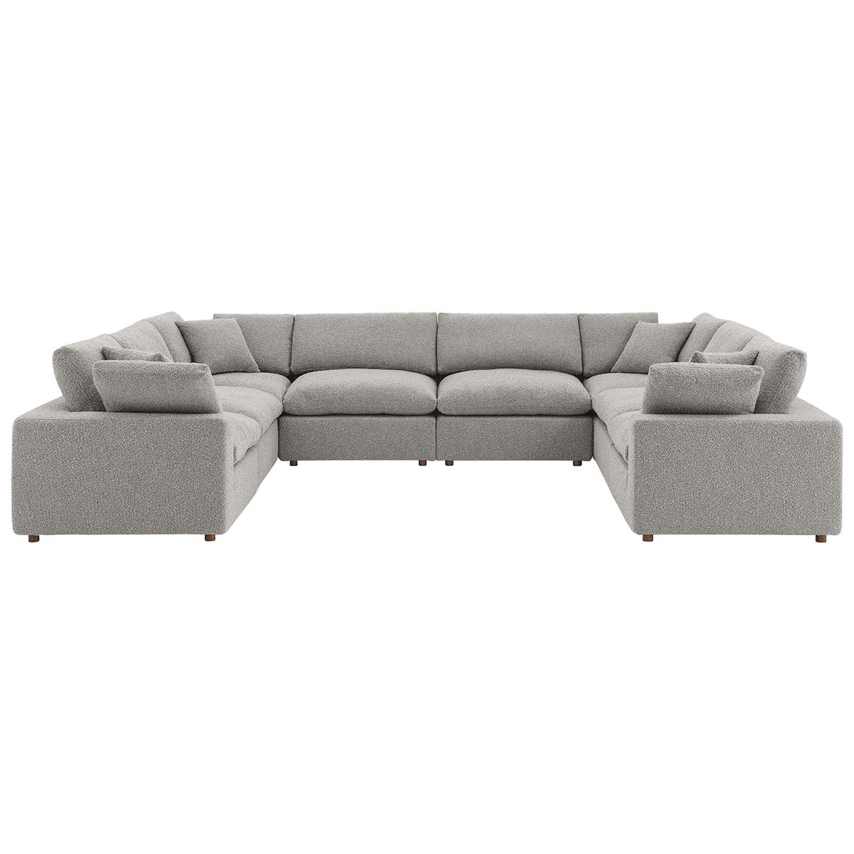 Expansive light gray boucle U-shaped sectional with deep overstuffed cushions for lounge ready comfort || EEI-6371-LGR || front_studio
