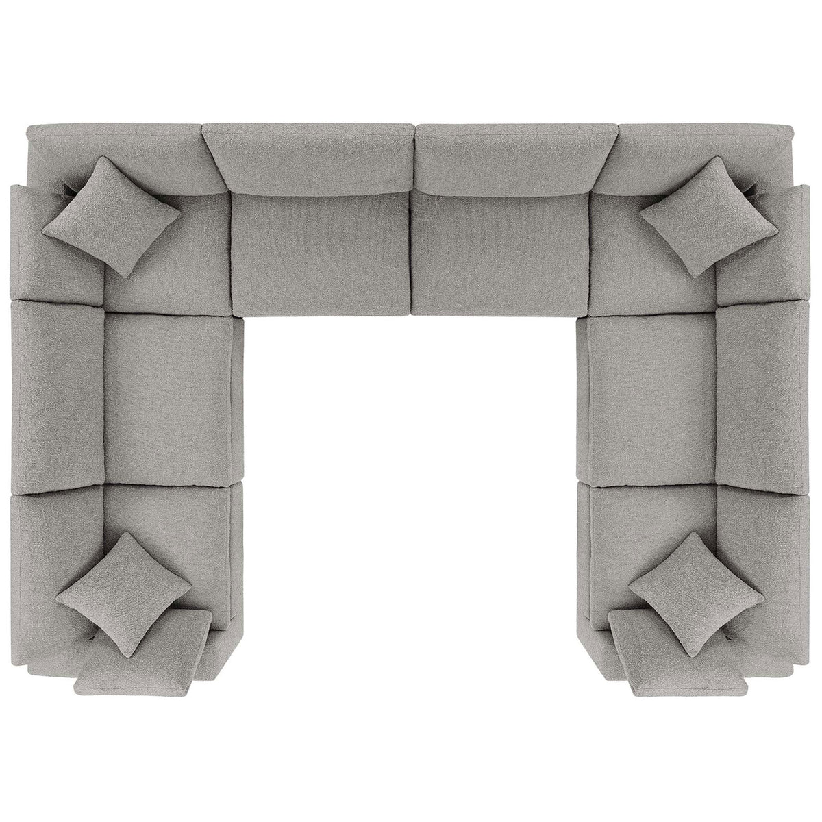 Top view highlighting the generous U-shaped layout and multiple plush pillows of this light gray sectional || EEI-6371-LGR || top_studio
