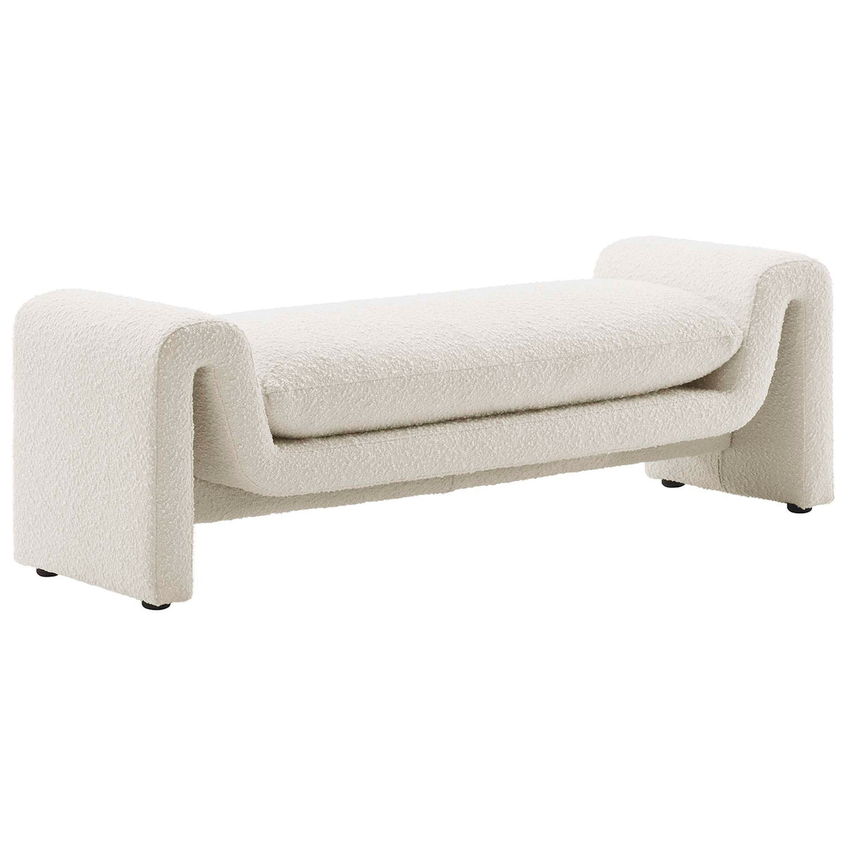 Sculptural ivory boucle bench with wavy silhouette and plush removable cushion || EEI-6379-IVO || front_angle_studio