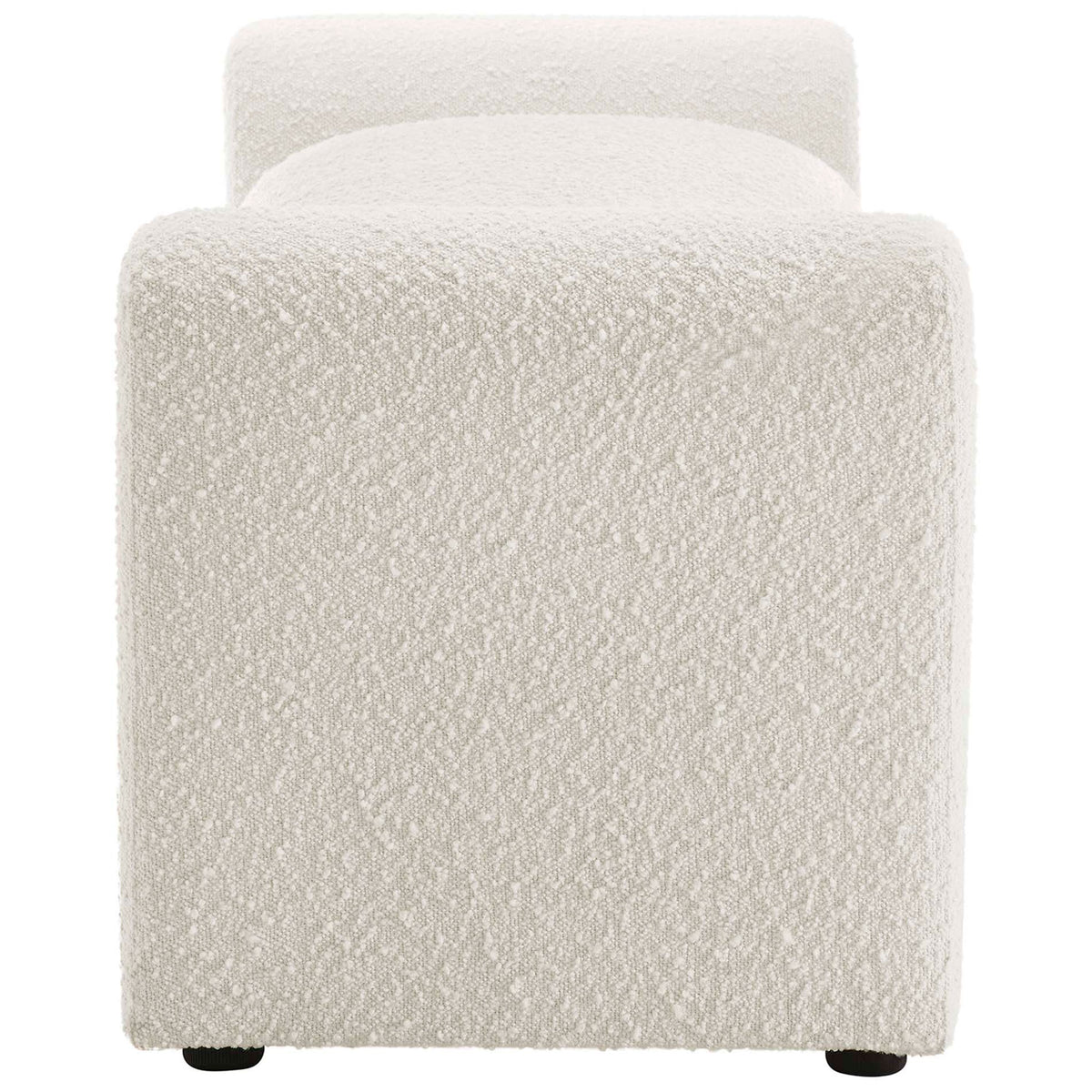 Textured boucle upholstery and curved end profile highlight the bench's modern form || EEI-6379-IVO || detail_studio