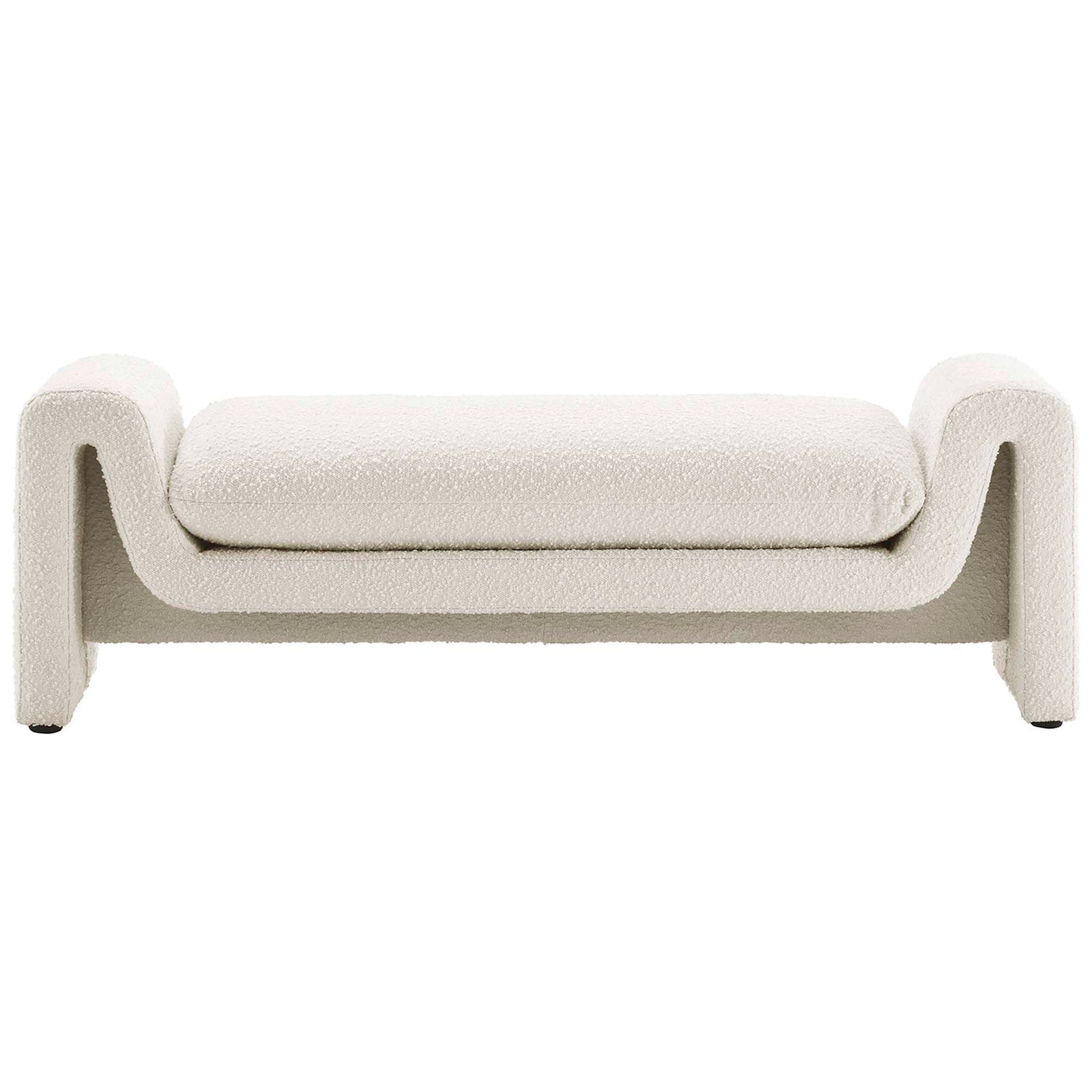Clean-lined bench showcases flowing arches and cozy boucle for a striking minimalist statement || EEI-6379-IVO || front_studio