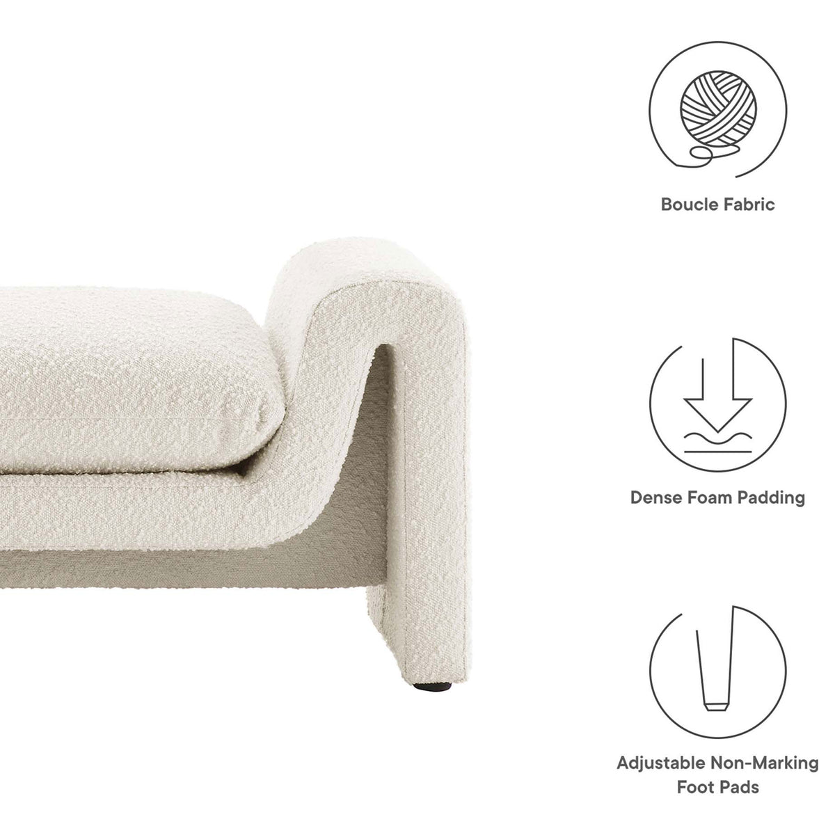 Feature highlights include boucle fabric, dense foam cushioning, and adjustable non-marking foot pads || EEI-6379-IVO || callout_studio