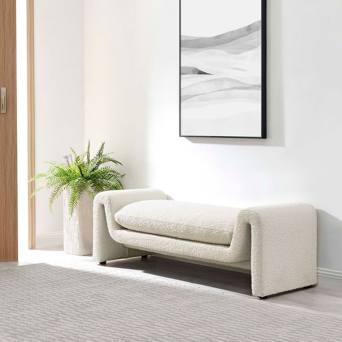 Ivory boucle bench elevates entryways and living spaces with its artful curves and plush seat || EEI-6379-IVO || front_angle_room