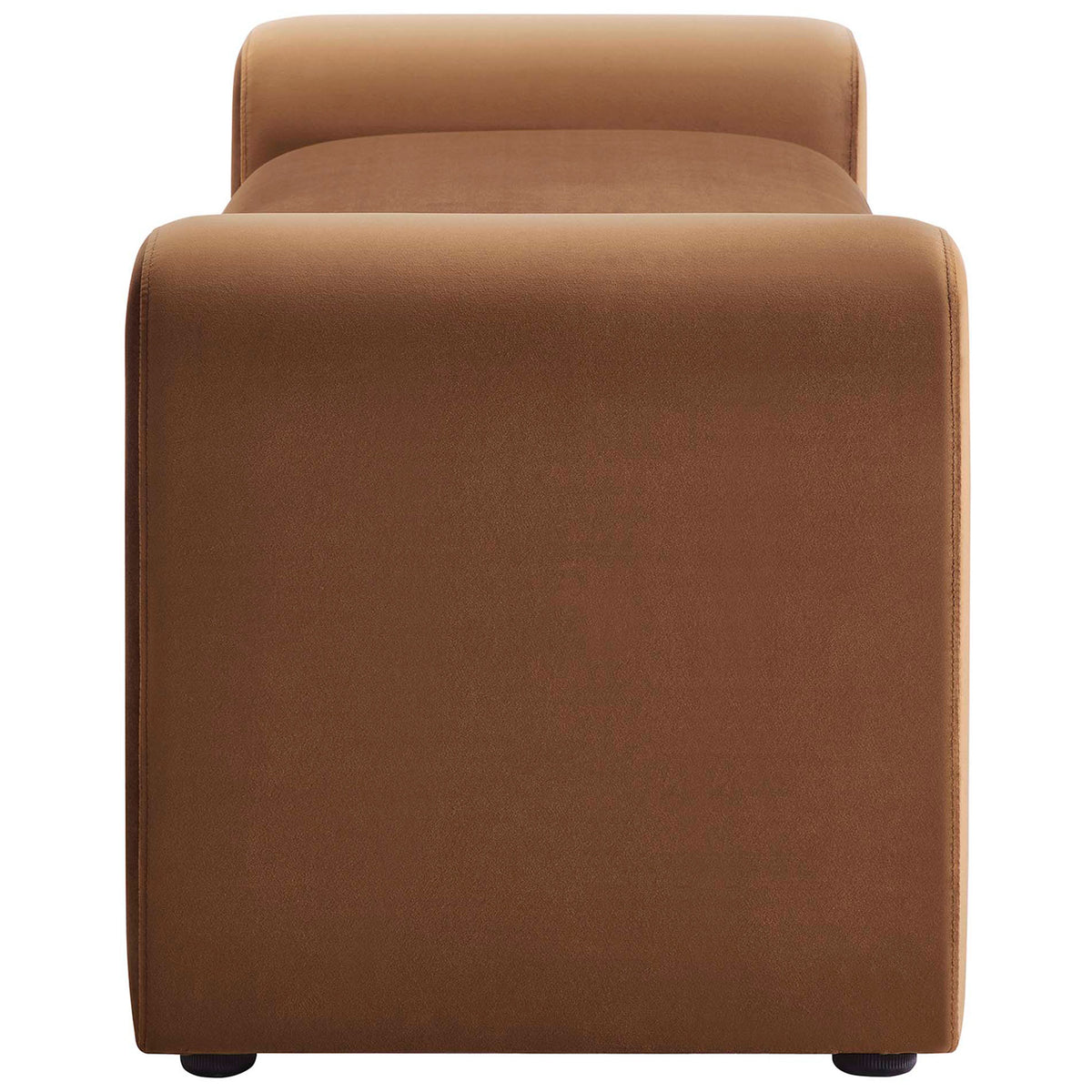 Curved end profile showcases the flowing, wave-like base and tailored velvet upholstery || EEI-6380-BRN || side_studio