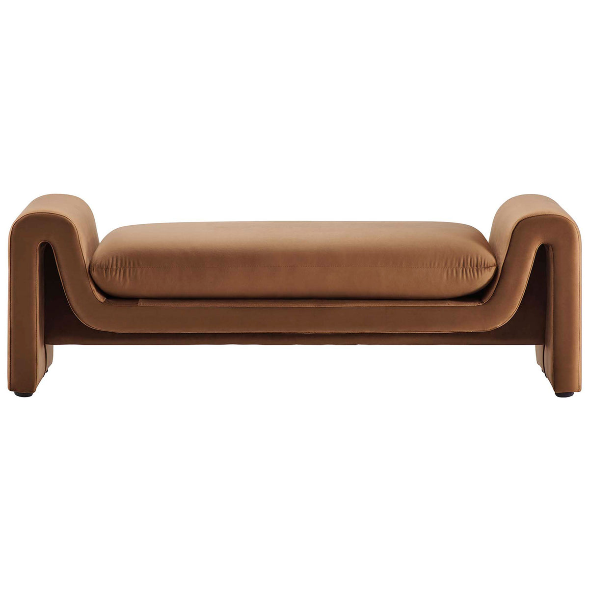 Modern velvet bench with rounded arms and a plush, floating-look seat in rich brown || EEI-6380-BRN || front_studio