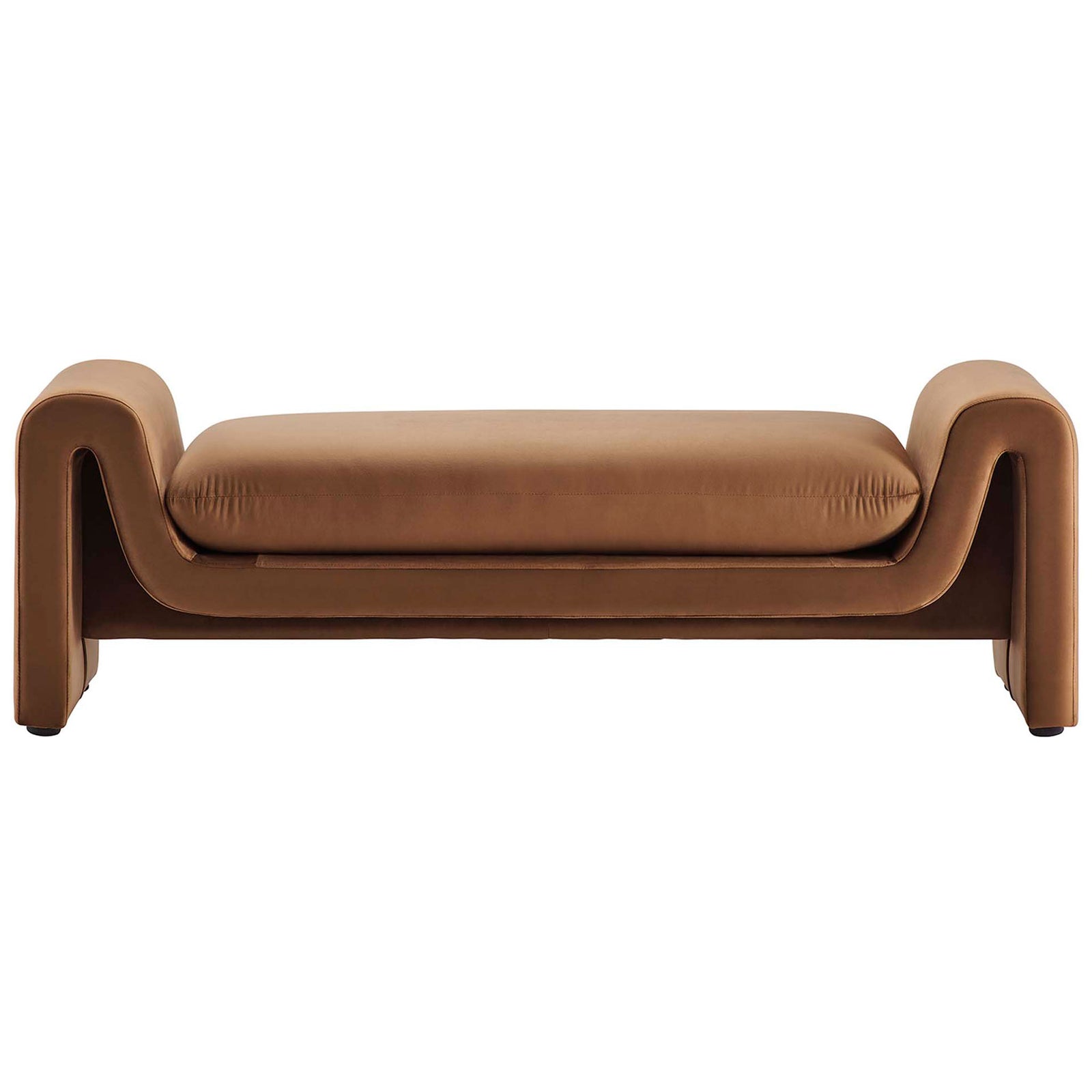 Modern velvet bench with rounded arms and a plush, floating-look seat in rich brown || EEI-6380-BRN || front_studio