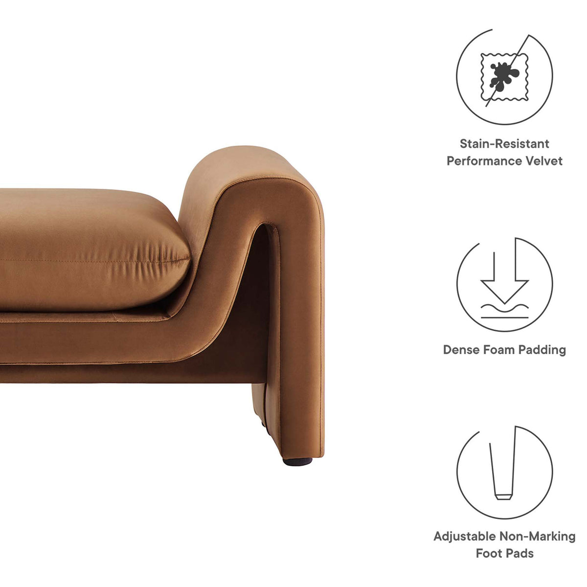 Stain-resistant velvet, dense foam seat, and adjustable foot pads deliver everyday durability || EEI-6380-BRN || callout_studio