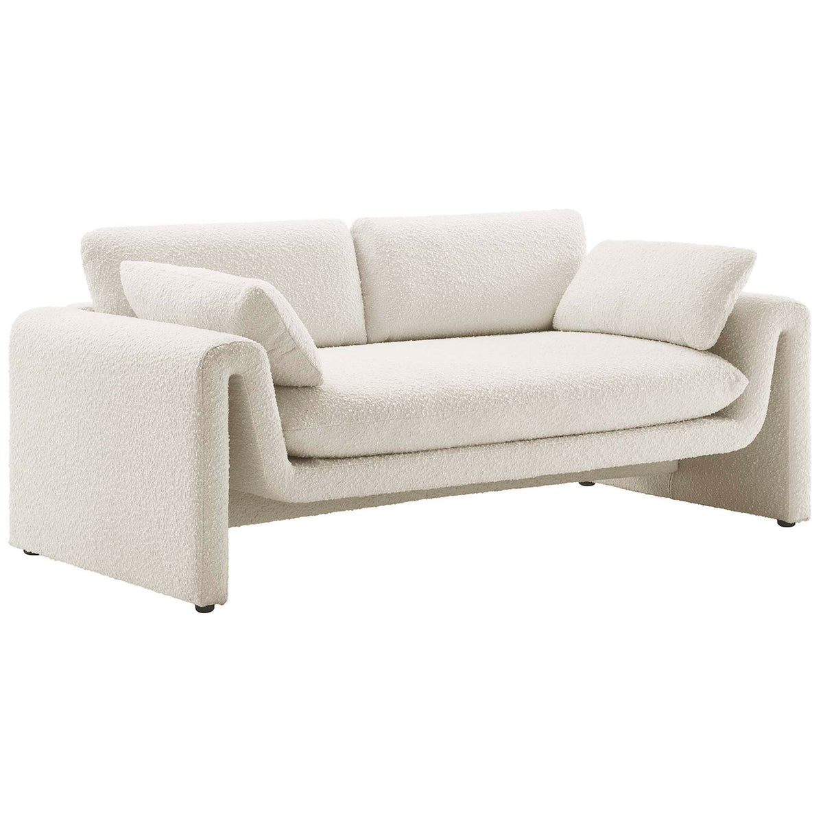 Curved ivory boucle sofa with plush bench seat and two matching pillows for modern lounging || EEI-6381-IVO || front_angle_studio
