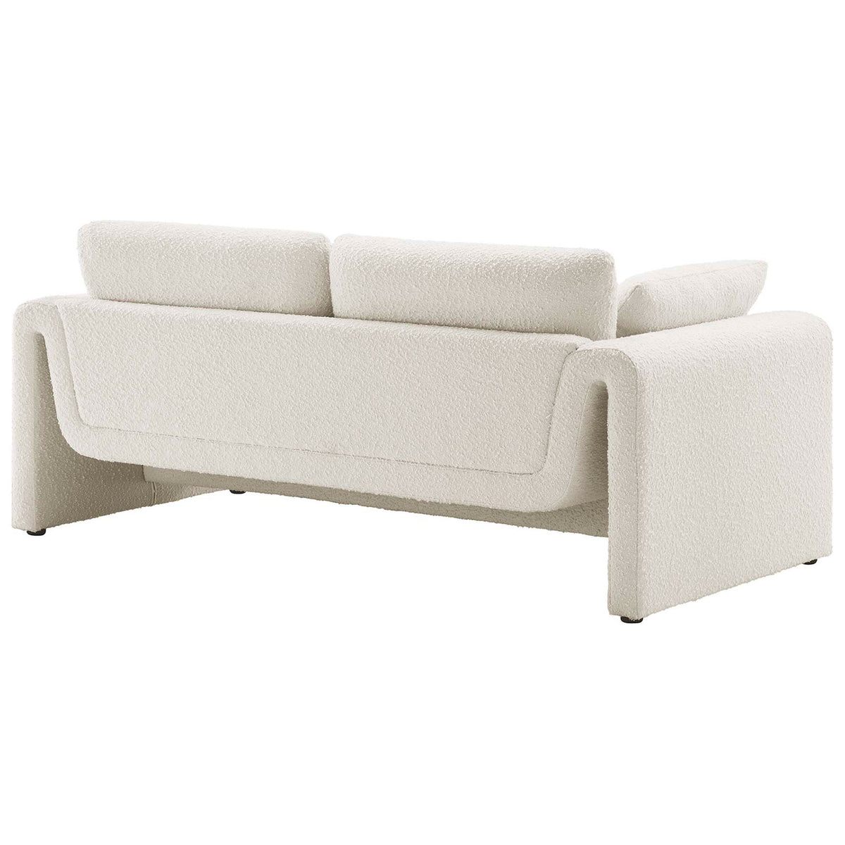 Ivory boucle sofa showcasing its sculpted back profile and fluid wraparound arms || EEI-6381-IVO || back_angle_studio
