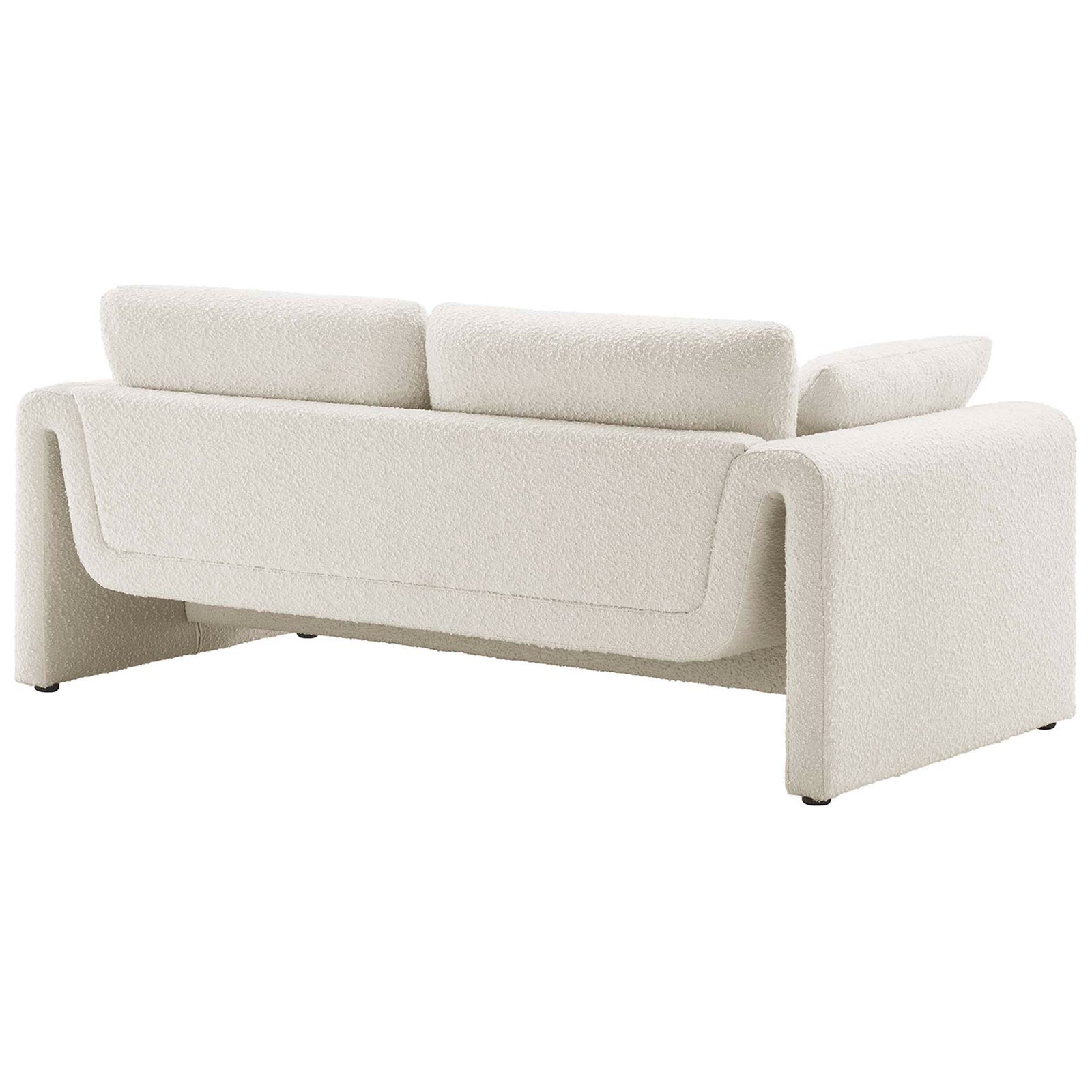Ivory boucle sofa showcasing its sculpted back profile and fluid wraparound arms || EEI-6381-IVO || back_angle_studio