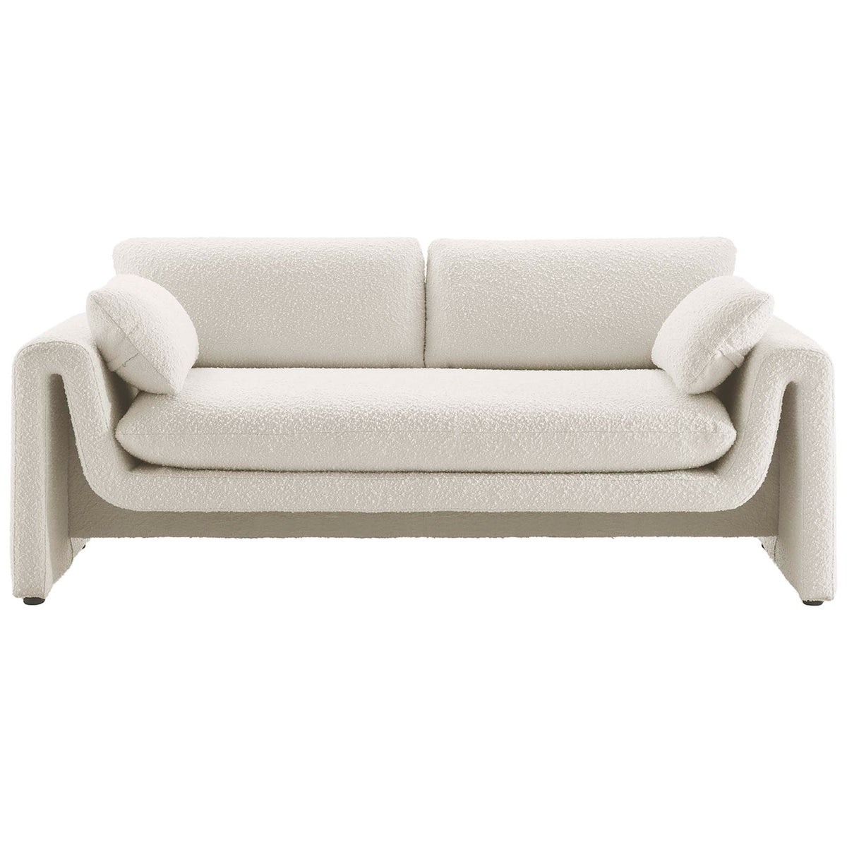 Modern ivory boucle sofa with curved frame, bench cushion, and two loose pillows for relaxed seating || EEI-6381-IVO || front_studio