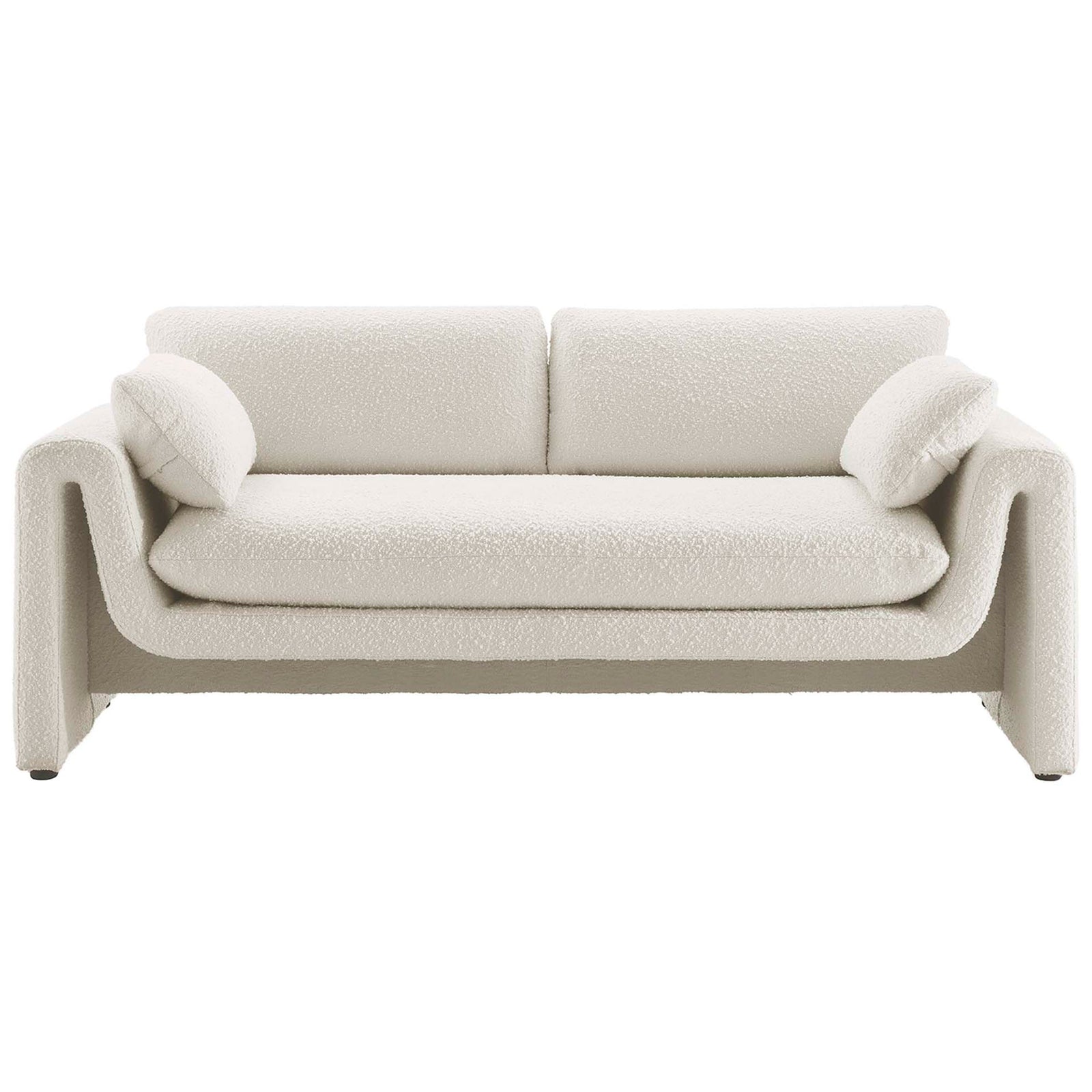 Modern ivory boucle sofa with curved frame, bench cushion, and two loose pillows for relaxed seating || EEI-6381-IVO || front_studio