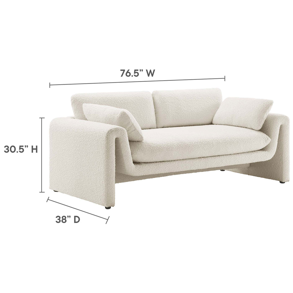 Ivory Waverly boucle sofa with overall width, depth, and height dimensions labeled for easy planning || EEI-6381-IVO || dimension_studio