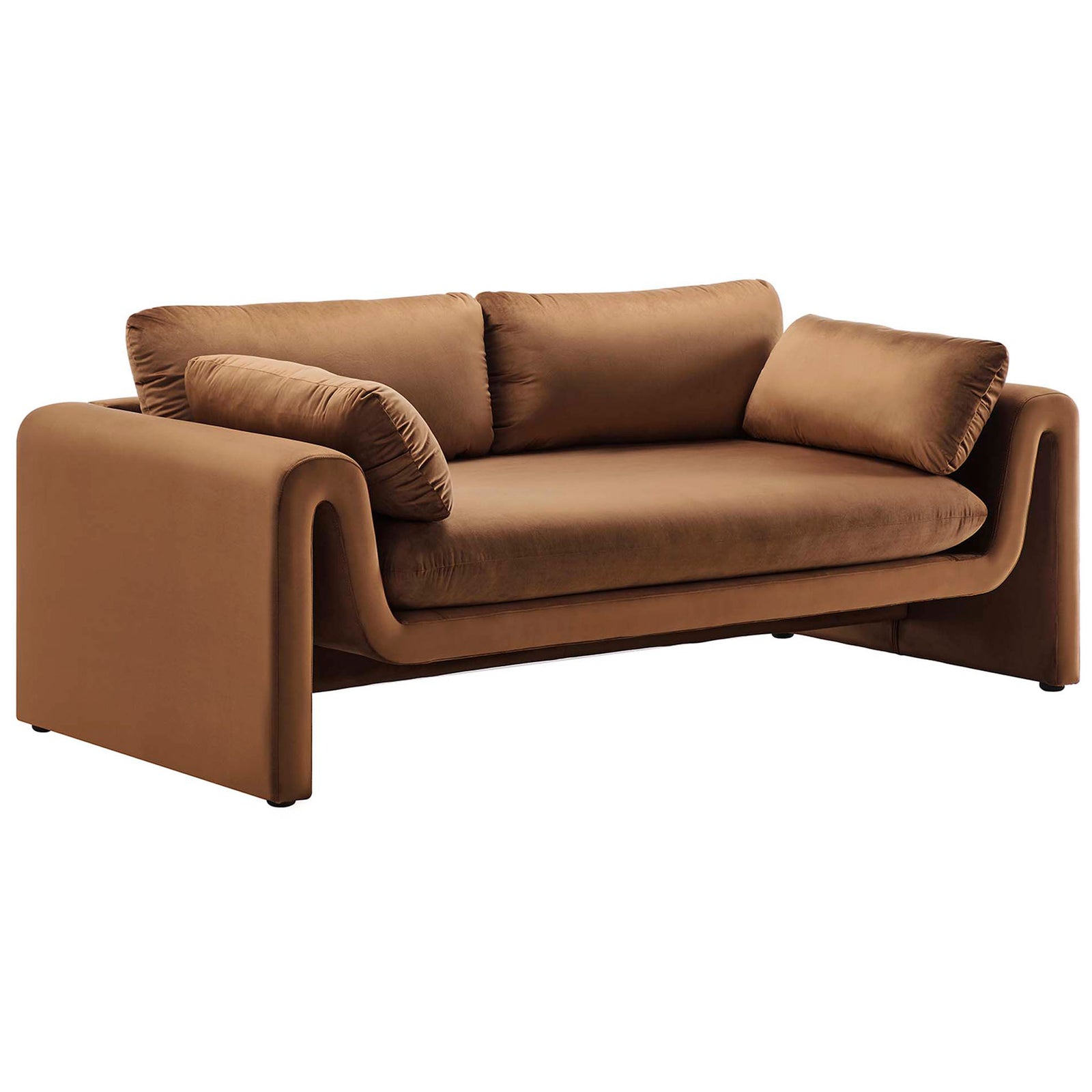 Curved brown velvet sofa with smooth performance upholstery and two matching bolster pillows || EEI-6382-BRN || front_angle_studio