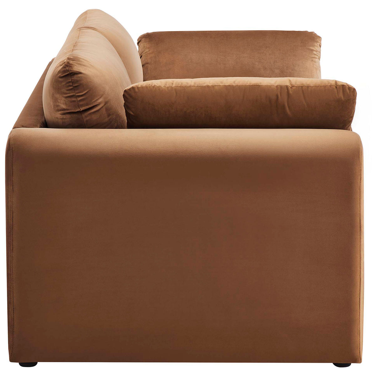 Brown velvet sofa showcasing thick cushioned arm and layered silhouette with soft rounded edges || EEI-6382-BRN || side_studio