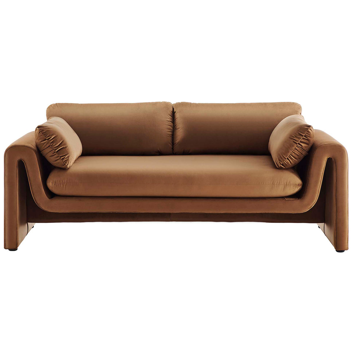 Brown velvet sofa with sculpted wavy arms and plush back cushions for modern lounge comfort || EEI-6382-BRN || front_studio