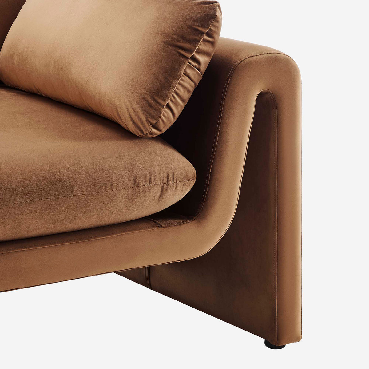 Soft brown velvet upholstery highlighting the sculpted arm curve and tailored bench seat cushion || EEI-6382-BRN || detail_studio