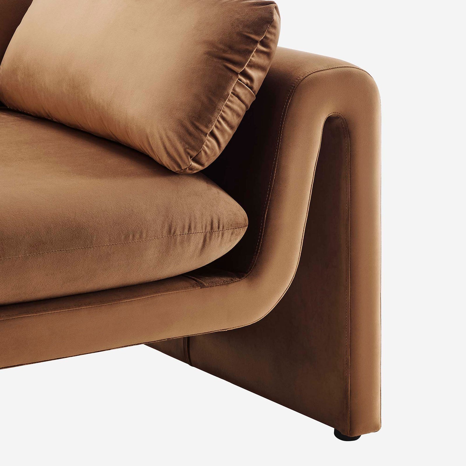 Soft brown velvet upholstery highlighting the sculpted arm curve and tailored bench seat cushion || EEI-6382-BRN || detail_studio