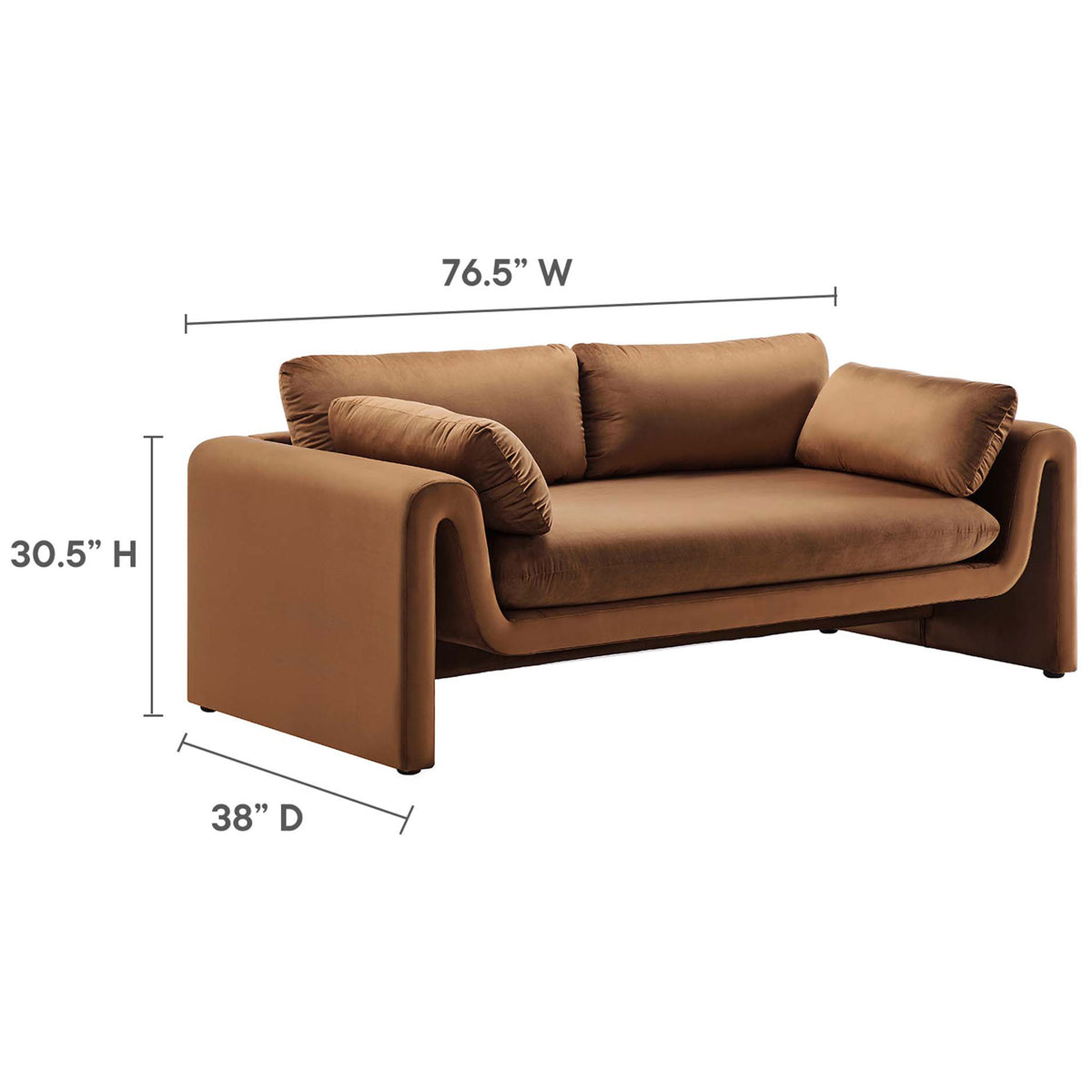 Brown velvet sofa with modern wavy frame shown with overall width, depth, and height measurements || EEI-6382-BRN || dimension_studio