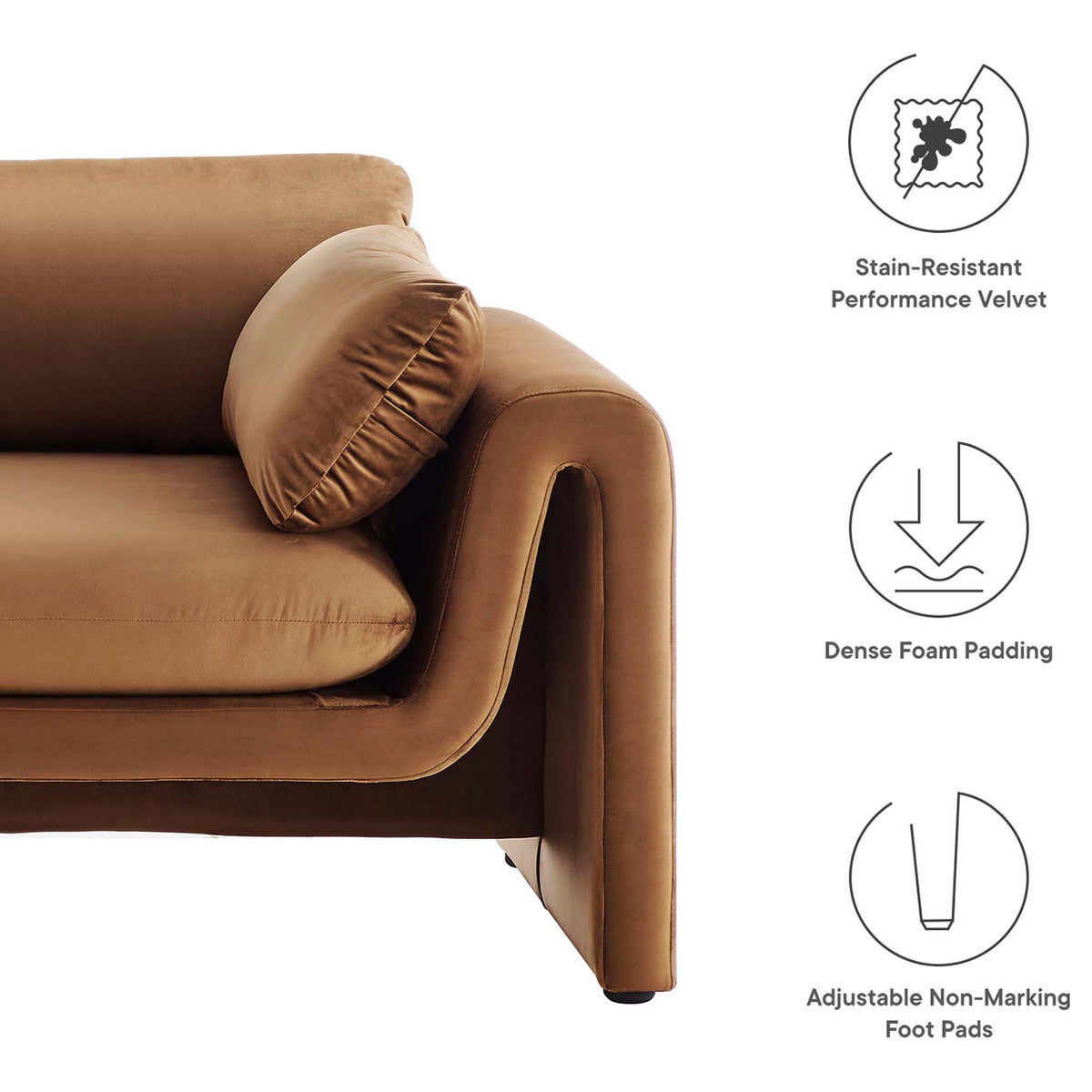 Brown performance velvet sofa emphasizing stain resistant fabric, dense foam, and adjustable foot pads || EEI-6382-BRN || callout_studio