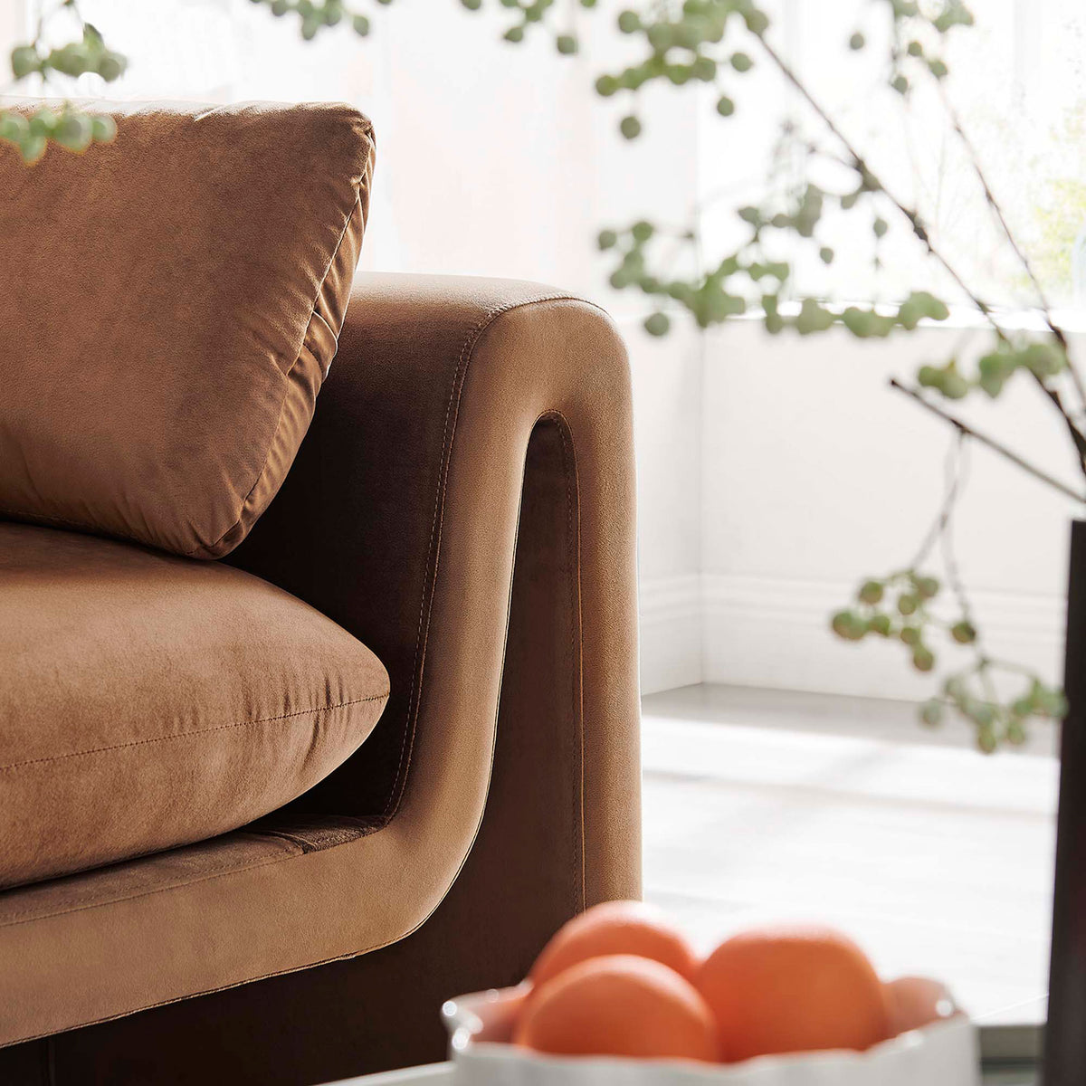 Brown velvet armrest and cushion detail of the sofa styled with natural light and greenery || EEI-6382-BRN || detail_room